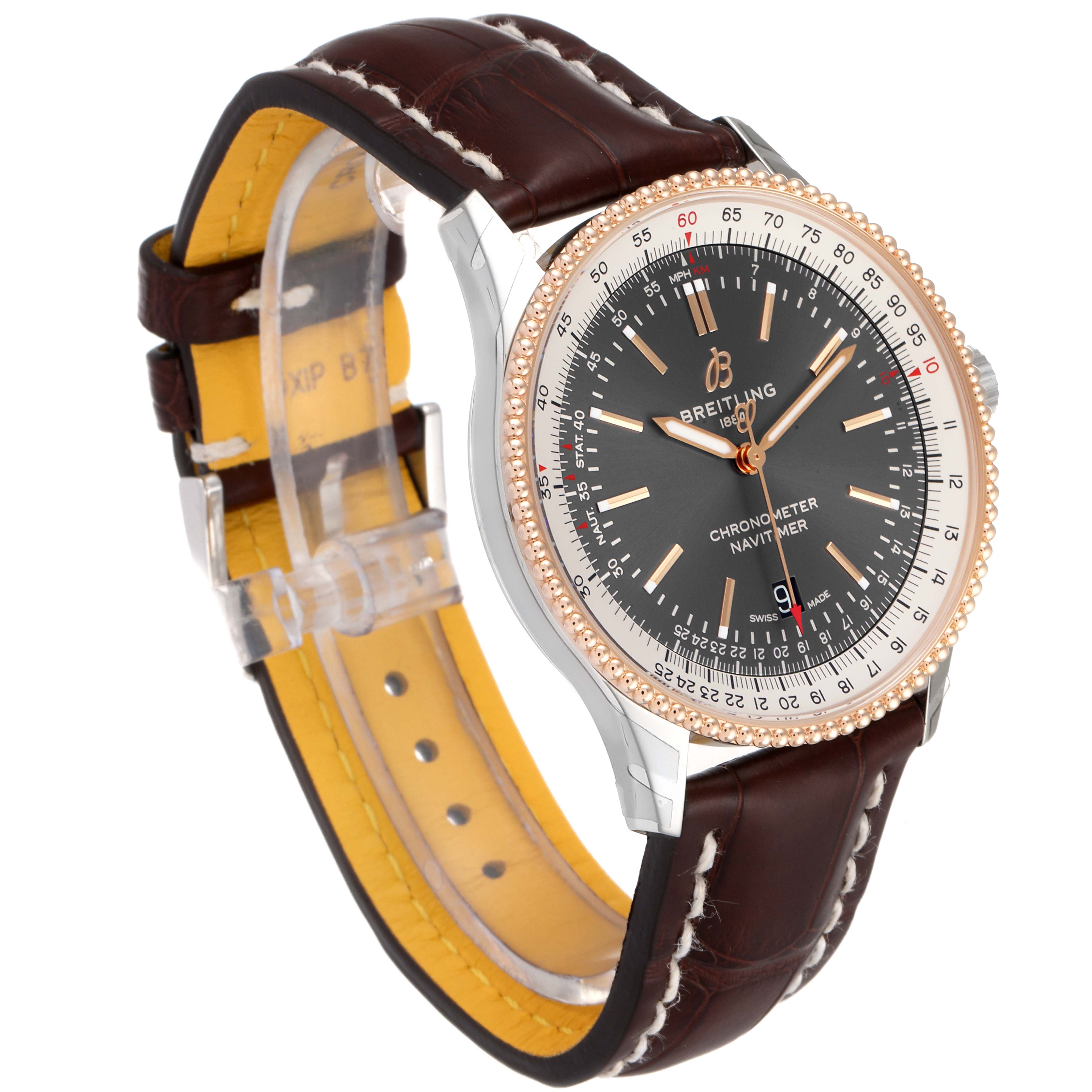 The image shows a Breitling Navitimer U17326 Men's Steel and Gold (two tone) Grey Dial U17326 Men's Steel and Gold (two tone) Grey Dial watch at a three-quarter angle, highlighting its face, bezel, and brown leather strap.
