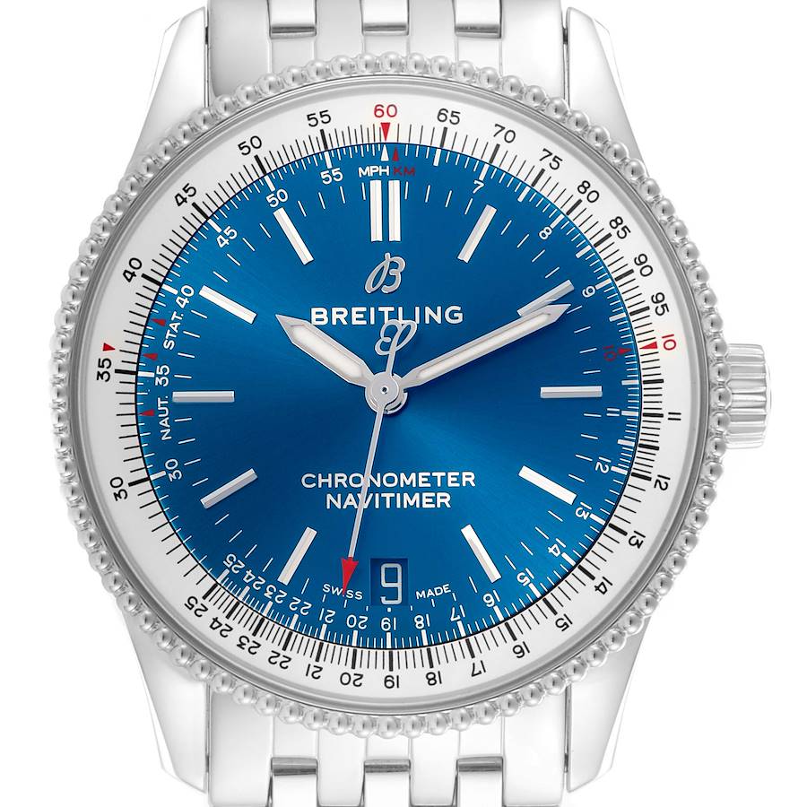 The Breitling Navitimer watch is shown from the front, displaying the blue dial, bezel, hands, and part of the bracelet.