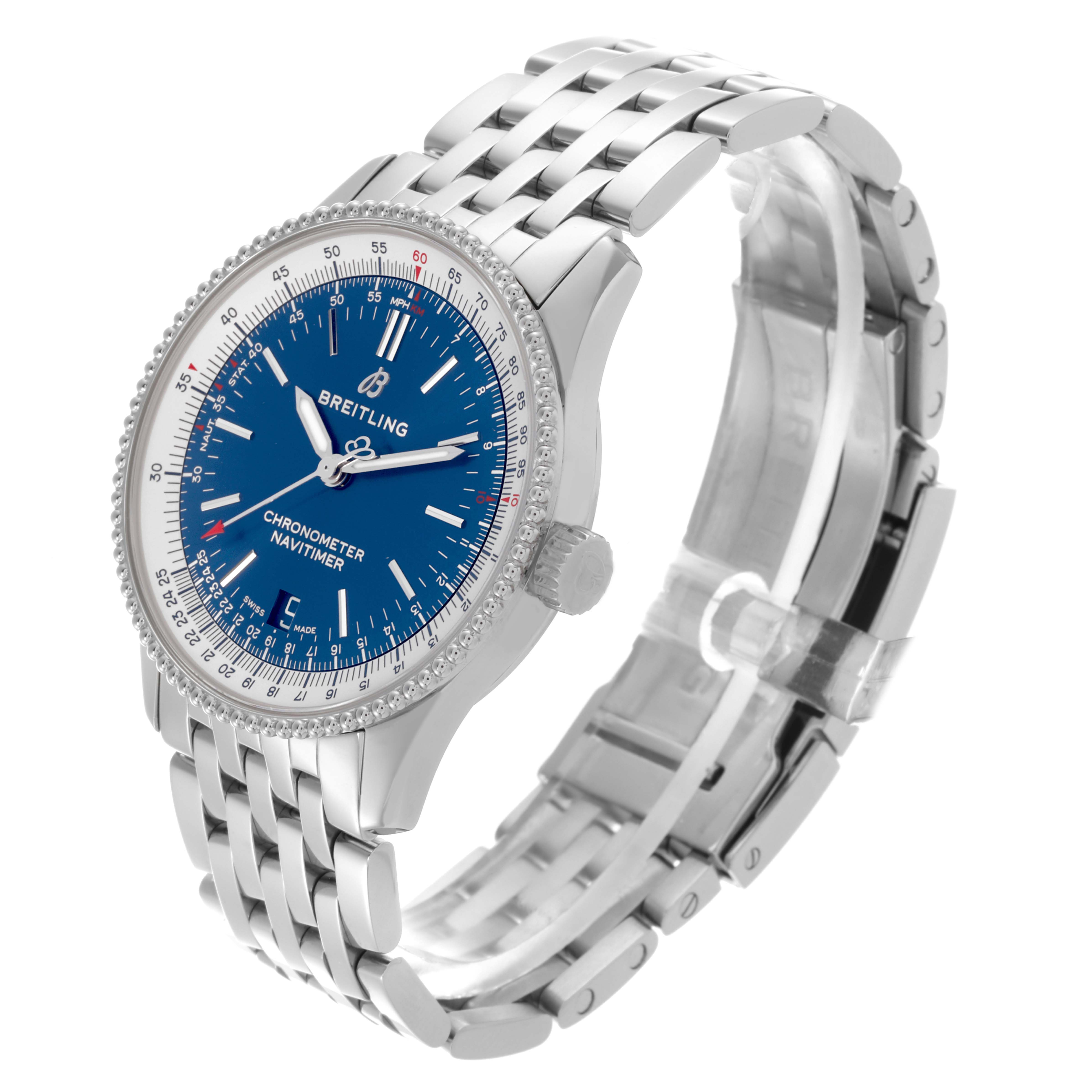 The Breitling Navitimer A17325211C1A1 Men's Stainless Steel Blue Dial A17325211C1A1 Men's Stainless Steel Blue Dial watch is shown at a three-quarter angle, displaying the face, bezel, and bracelet.