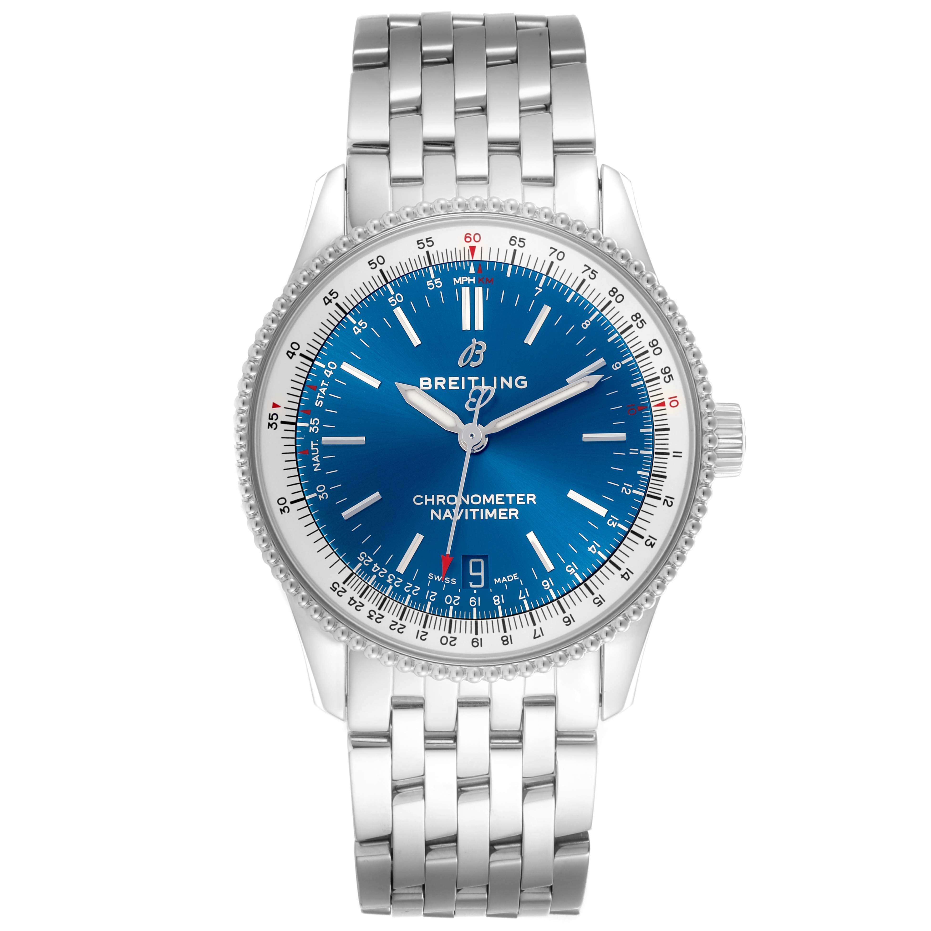 The Breitling Navitimer A17325211C1A1 Men's Stainless Steel Blue Dial A17325211C1A1 Men's Stainless Steel Blue Dial watch is shown from a front angle, displaying its dial, bezel, crown, and stainless steel bracelet.