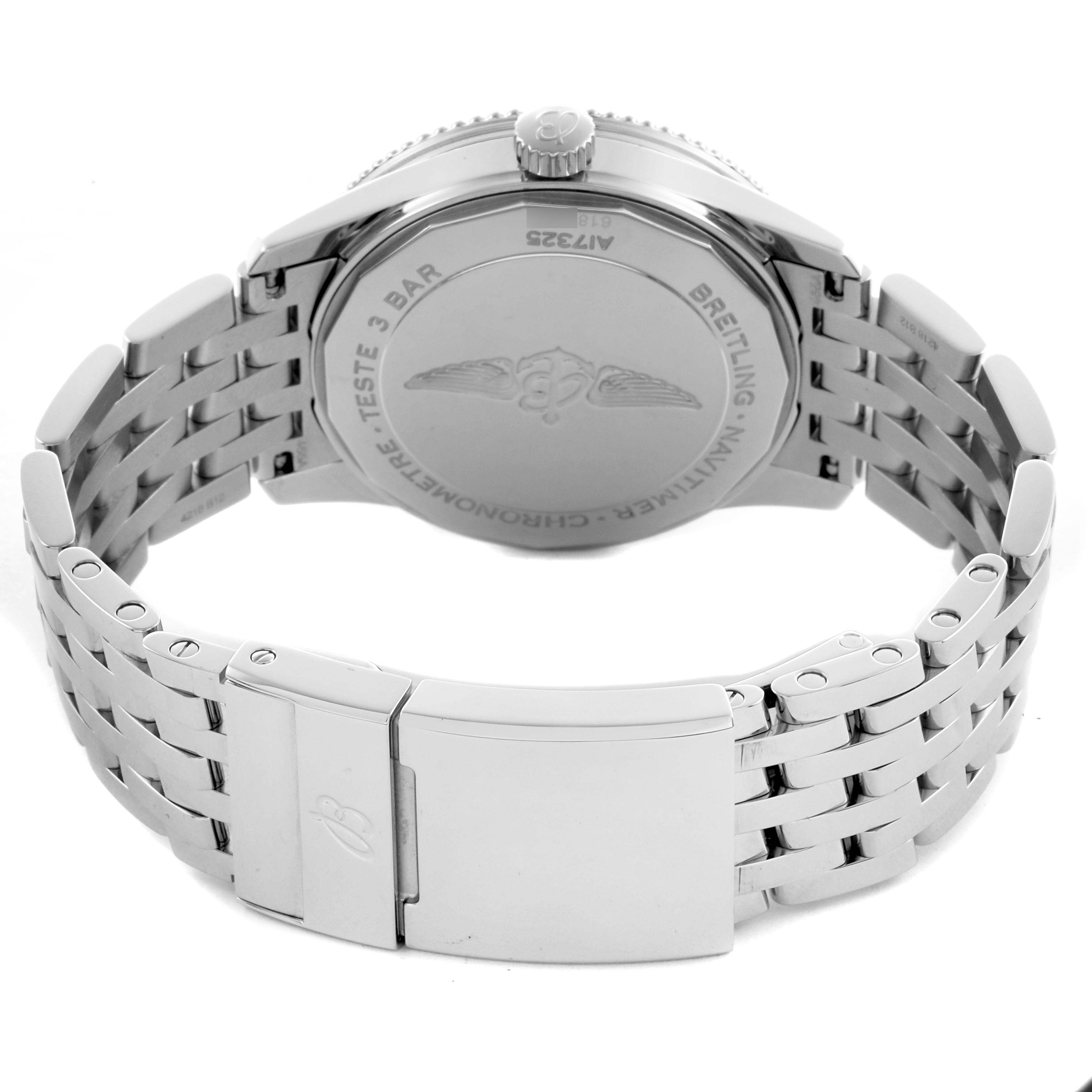 The image shows the back of the Breitling Navitimer A17325211C1A1 Men's Stainless Steel Blue Dial A17325211C1A1 Men's Stainless Steel Blue Dial watch, highlighting the case back and metal bracelet with clasp.