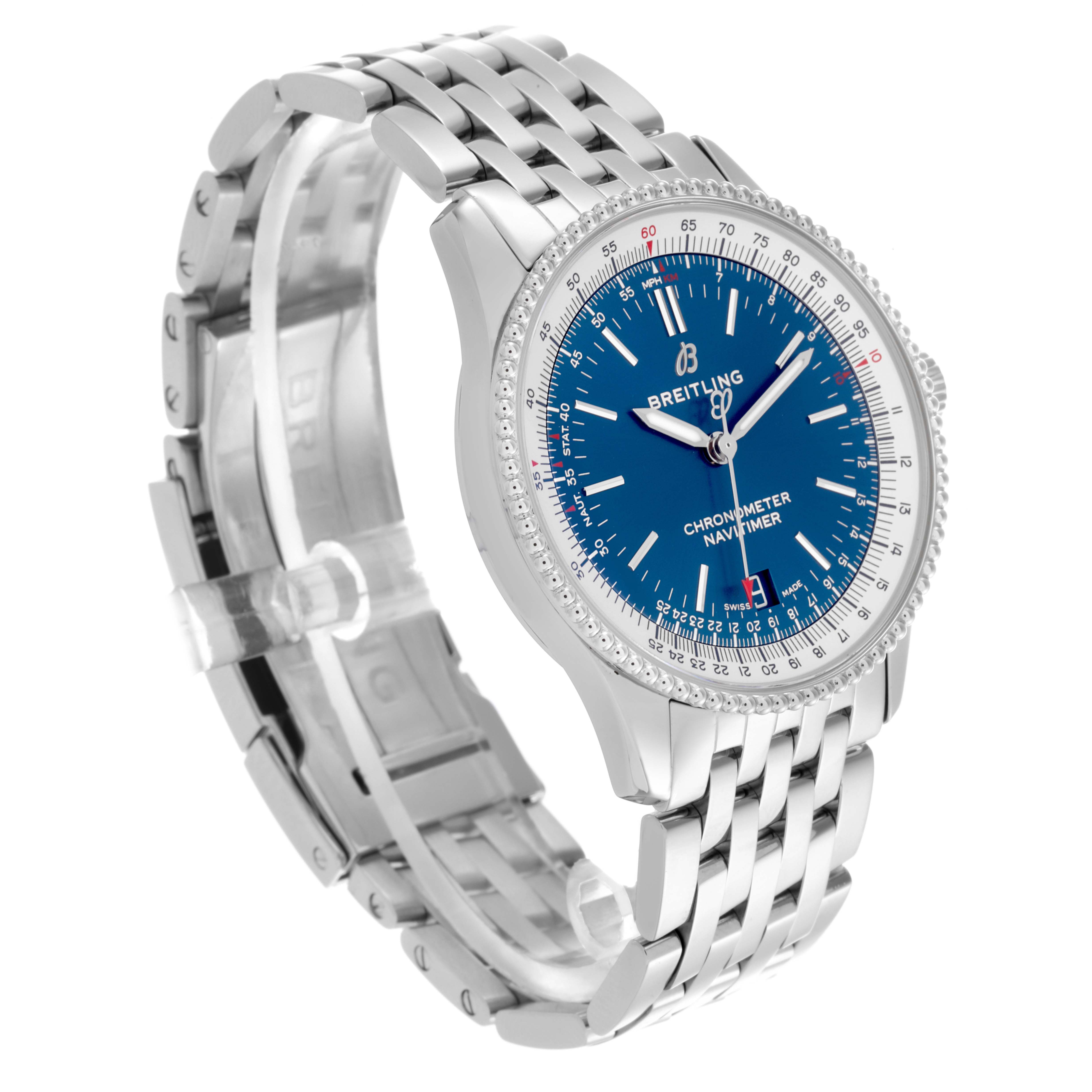 The Breitling Navitimer A17325211C1A1 Men's Stainless Steel Blue Dial A17325211C1A1 Men's Stainless Steel Blue Dial watch is shown at a three-quarter angle, highlighting the blue dial, bezel, and metal bracelet.