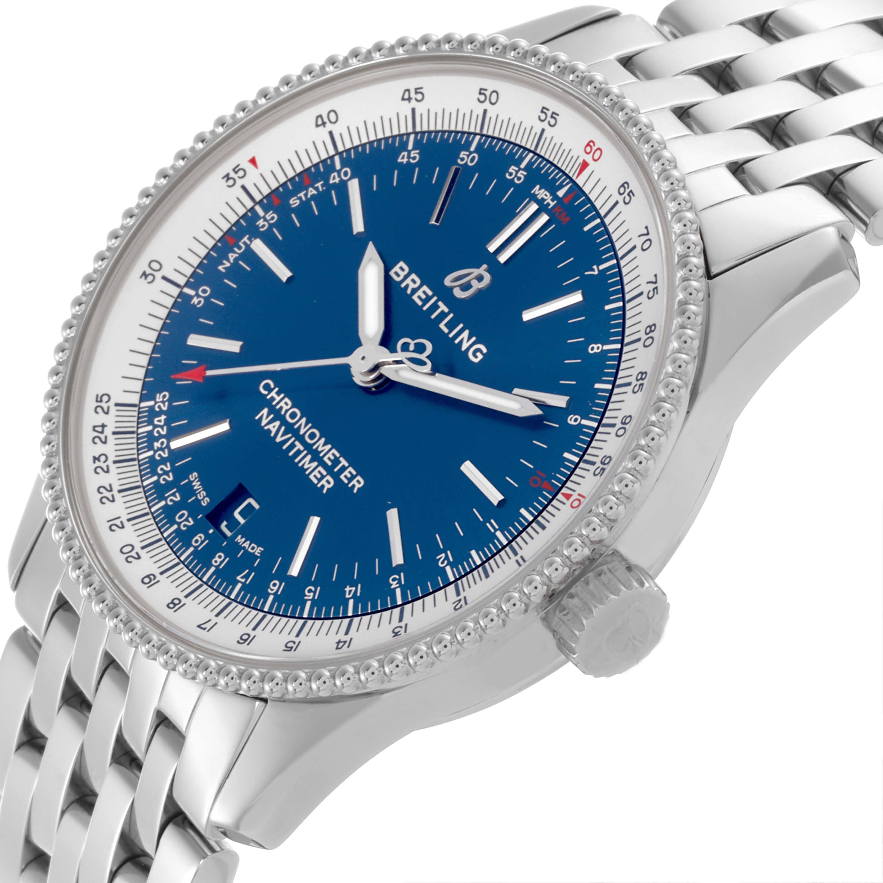The image shows a side view of the Breitling Navitimer A17325211C1A1 Men's Stainless Steel Blue Dial A17325211C1A1 Men's Stainless Steel Blue Dial watch, highlighting its bezel, dial, crown, and bracelet.