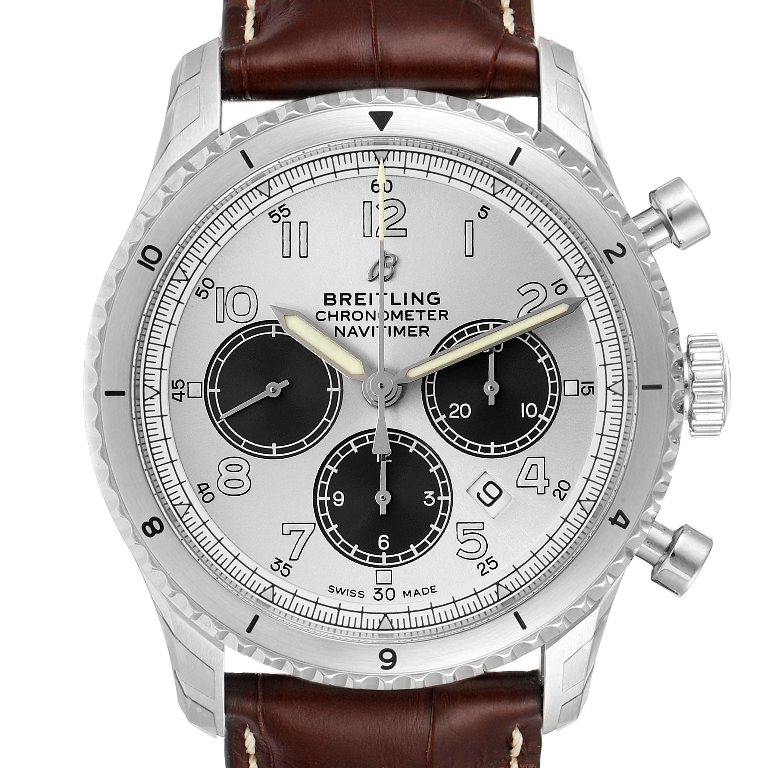 The image shows a front view of the Breitling Aviator AB0117131B1P1 Men's Stainless Steel Silver Dial AB0117131B1P1 Men's Stainless Steel Silver Dial model watch, highlighting its dial, subdials, and crown.