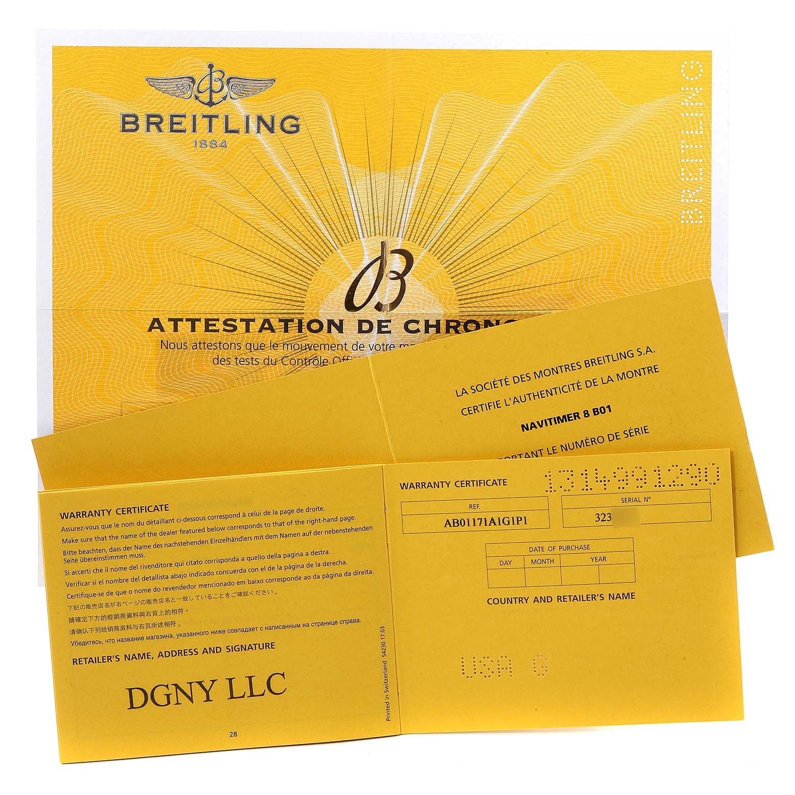 The image shows warranty and authenticity certificates for the Breitling Navitimer model.