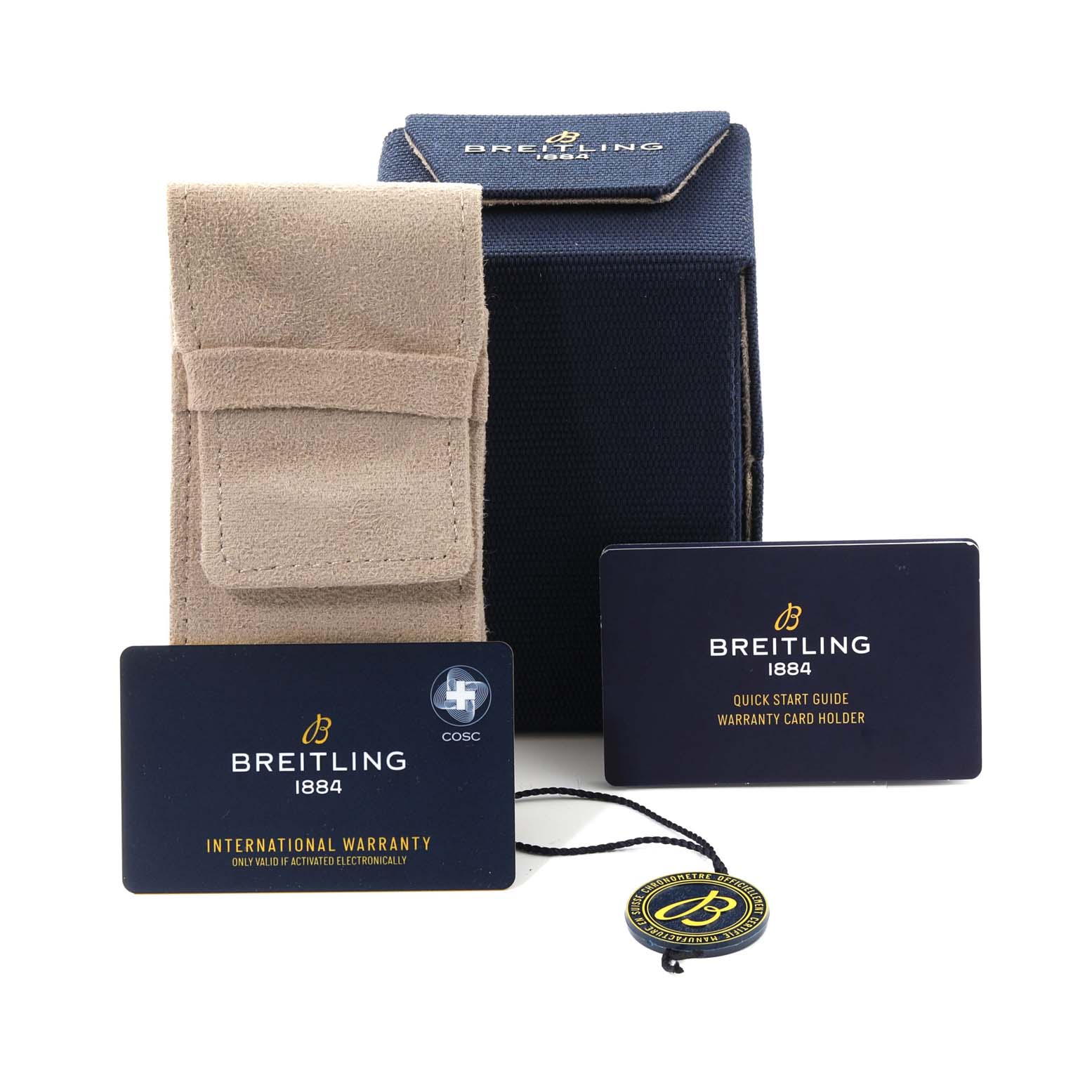 The image shows accessories for the Breitling Navitimer AB0138241C1A1 Men's Stainless Steel Blue Dial AB0138241C1A1 Men's Stainless Steel Blue Dial model: a pouch, a box, warranty cards, and a tag.