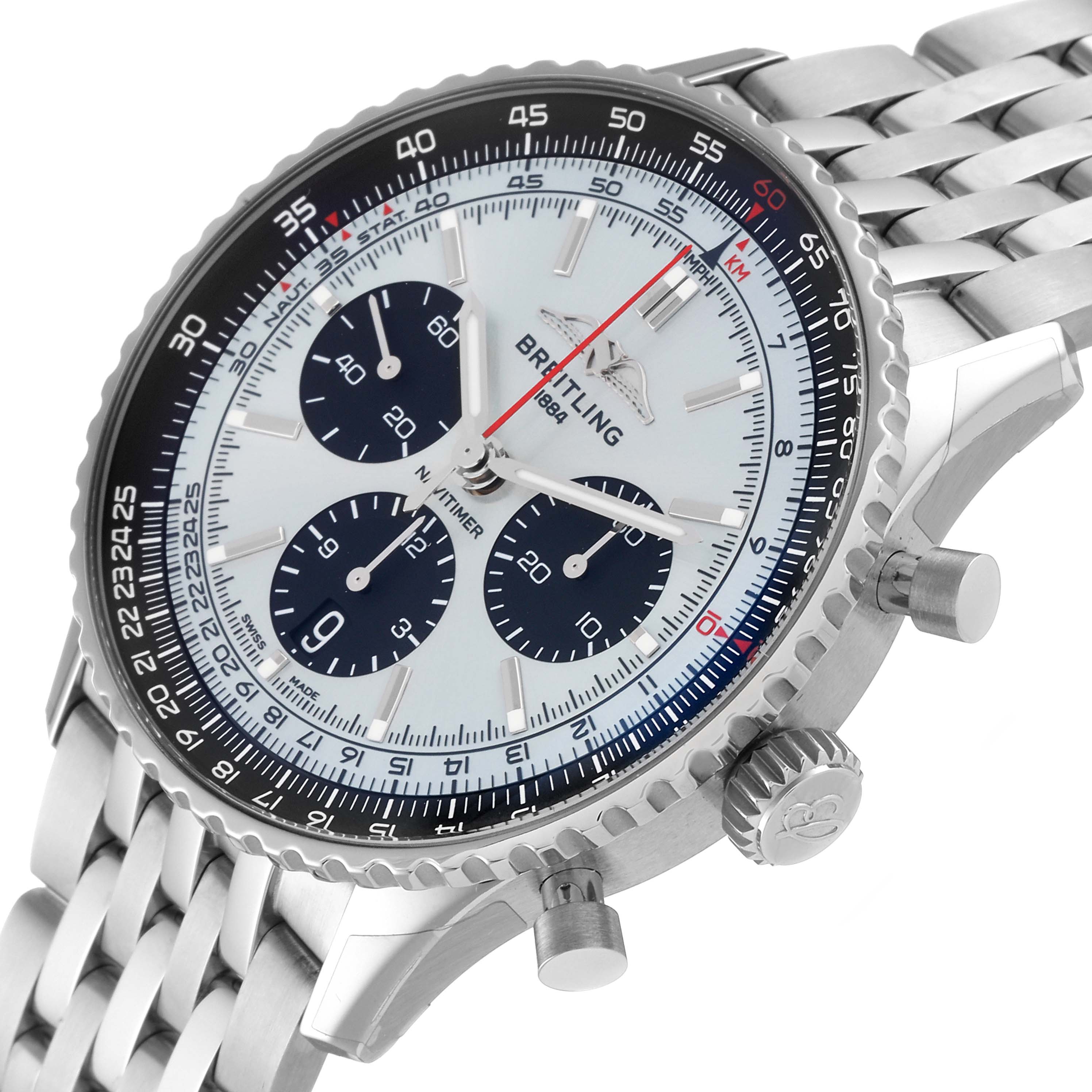 The image shows a close-up angled view of the Breitling Navitimer AB0138241C1A1 Men's Stainless Steel Blue Dial AB0138241C1A1 Men's Stainless Steel Blue Dial watch, highlighting the dial, bezel, and chronograph pushers.