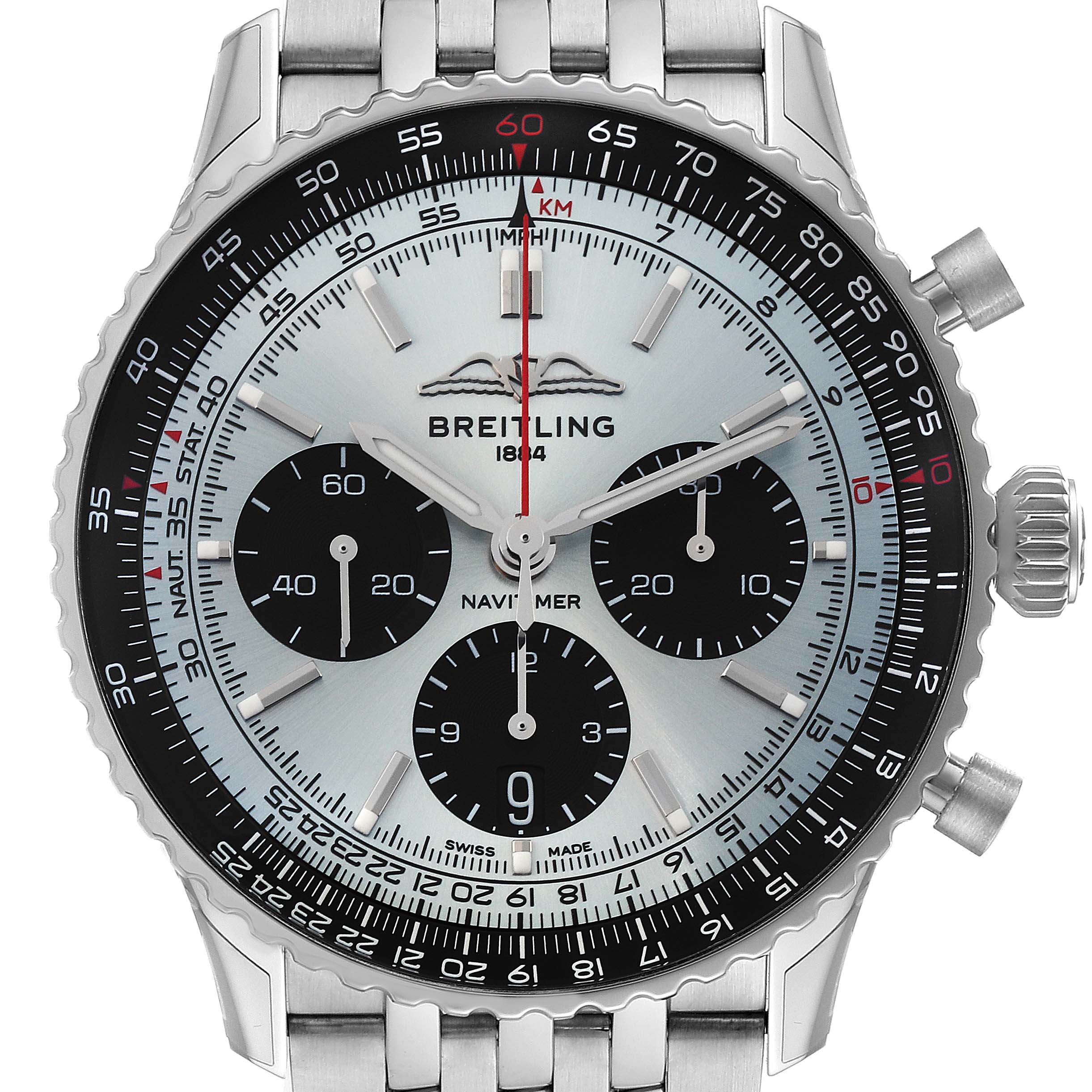 The image shows a close-up of the face and crown of a Breitling Navitimer AB0138241C1A1 Men's Stainless Steel Blue Dial AB0138241C1A1 Men's Stainless Steel Blue Dial watch.