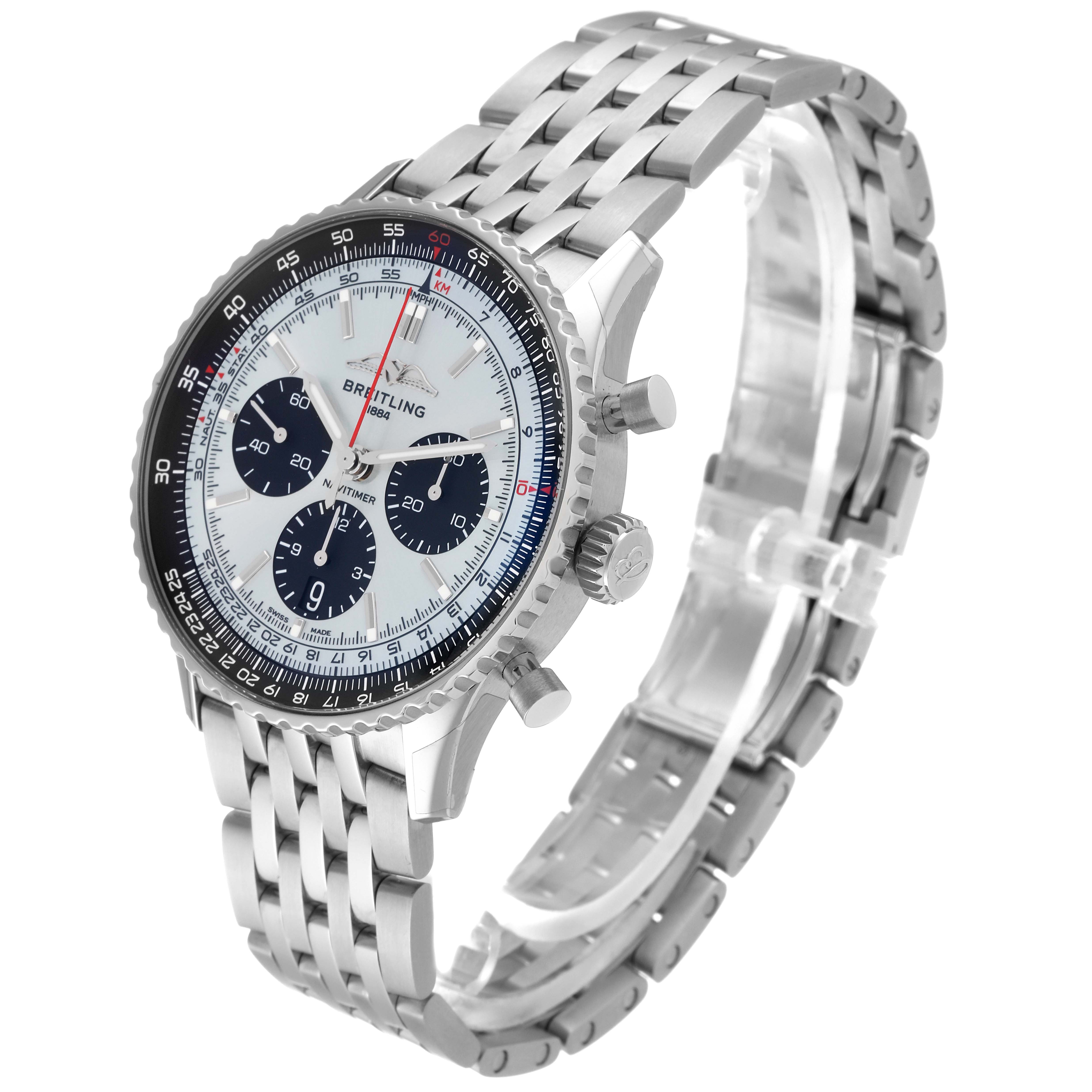 The image shows a Breitling Navitimer AB0138241C1A1 Men's Stainless Steel Blue Dial AB0138241C1A1 Men's Stainless Steel Blue Dial watch at a slight angle, featuring its dial, chronograph buttons, bezel, and metal bracelet.