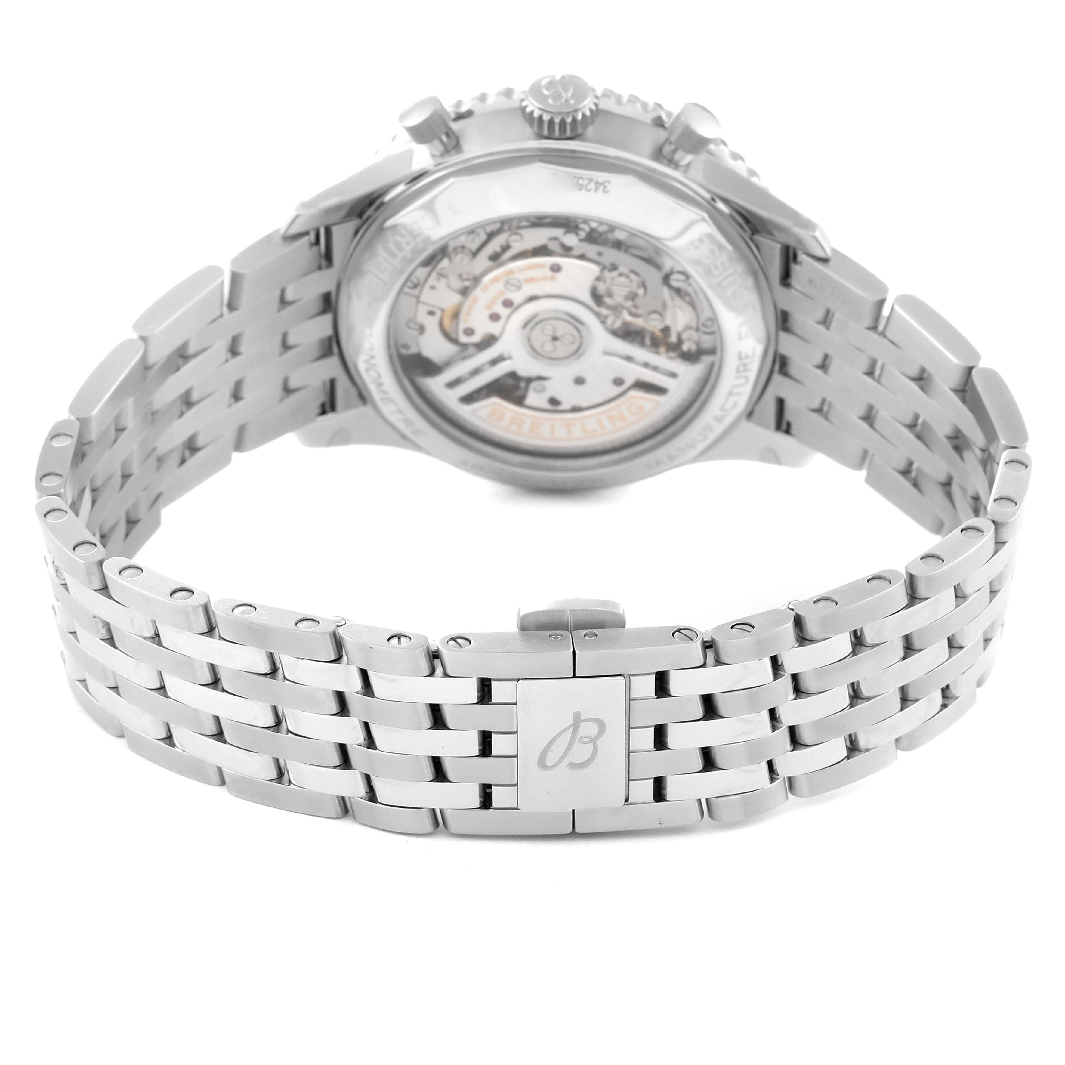 The image shows the back view of the Breitling Navitimer AB0138241C1A1 Men's Stainless Steel Blue Dial AB0138241C1A1 Men's Stainless Steel Blue Dial watch, highlighting its metal bracelet and transparent case back.