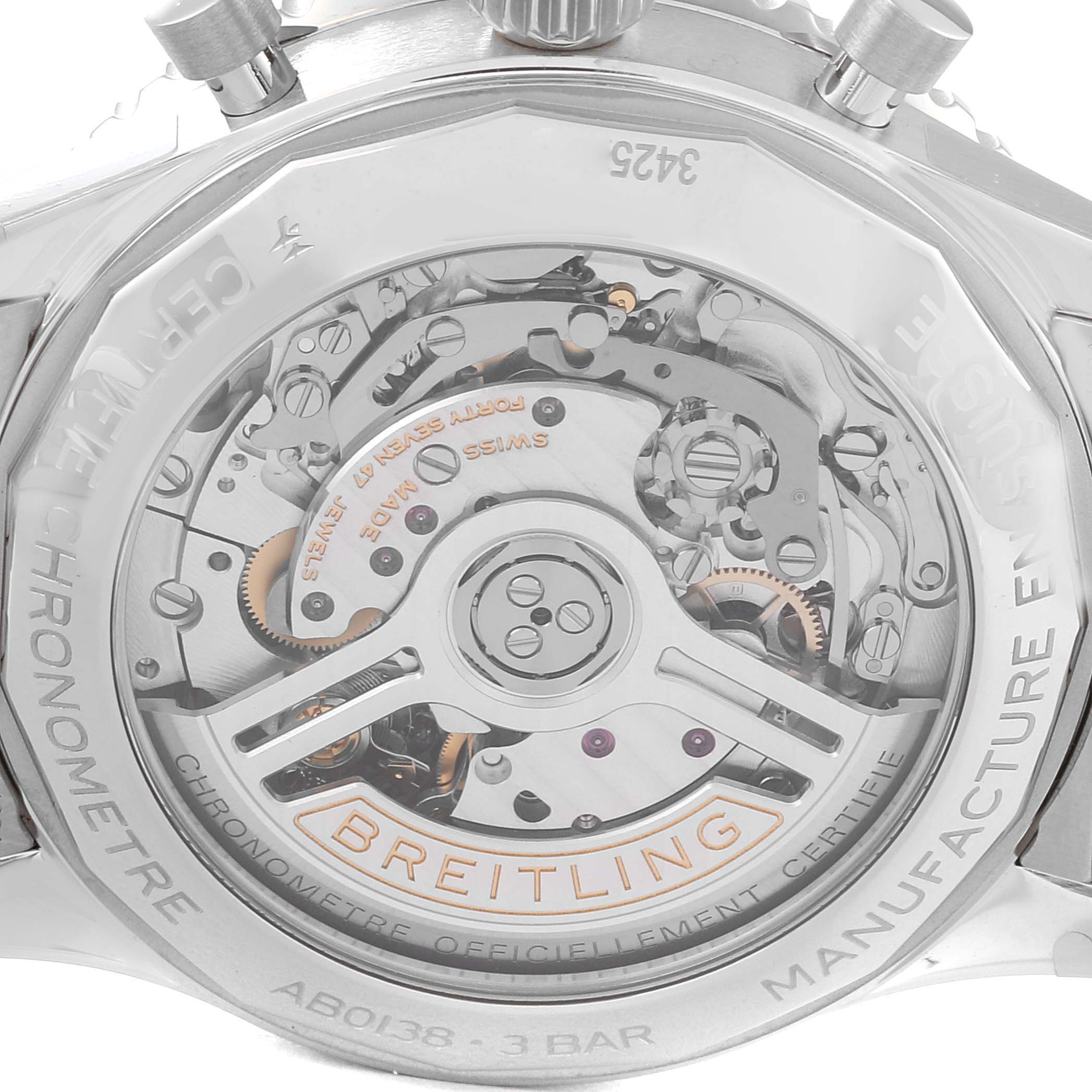 The image shows the transparent case back and internal mechanism of a Breitling Navitimer AB0138241C1A1 Men's Stainless Steel Blue Dial AB0138241C1A1 Men's Stainless Steel Blue Dial watch.