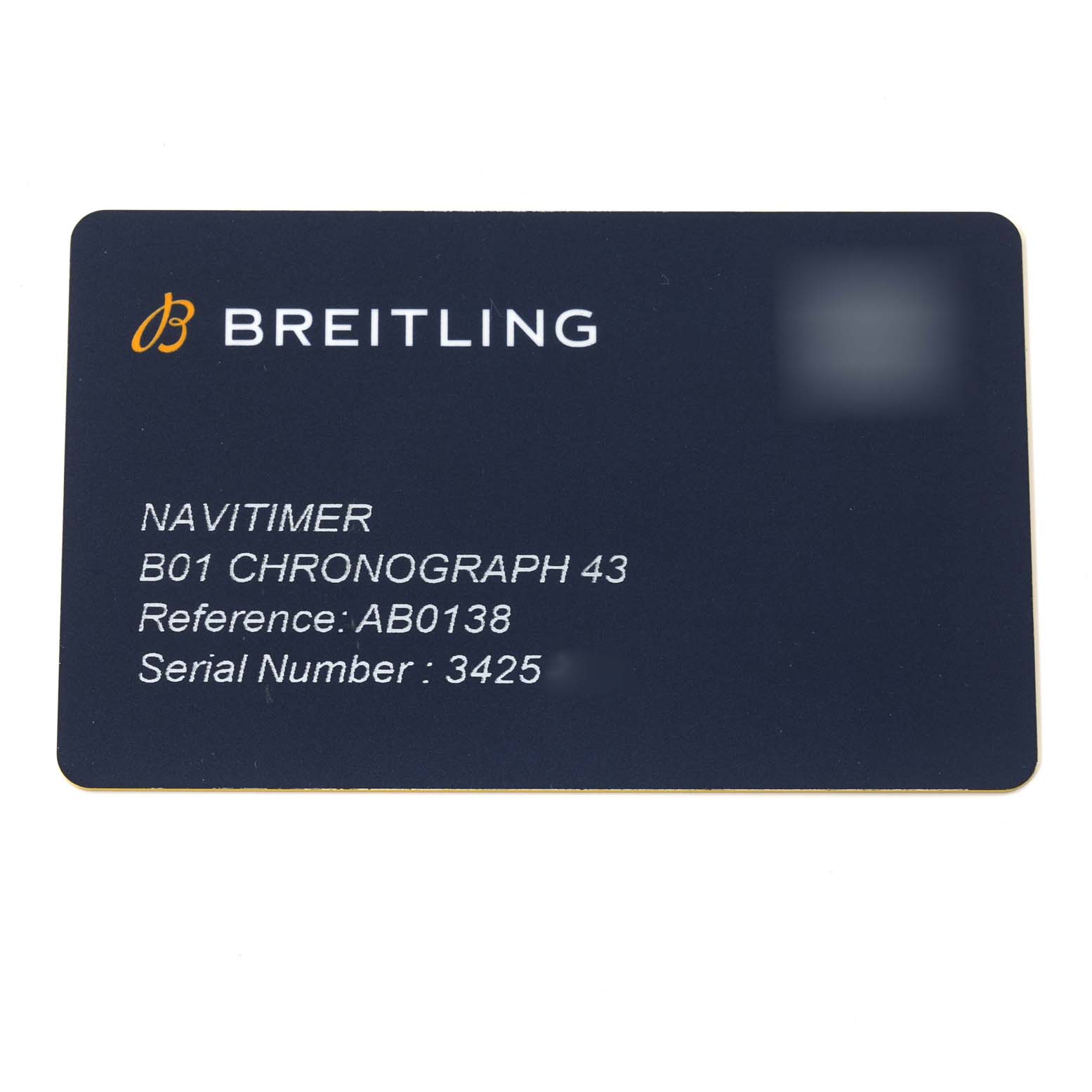 This image shows a Breitling Navitimer AB0138241C1A1 Men's Stainless Steel Blue Dial AB0138241C1A1 Men's Stainless Steel Blue Dial B01 Chronograph 43 warranty or information card.