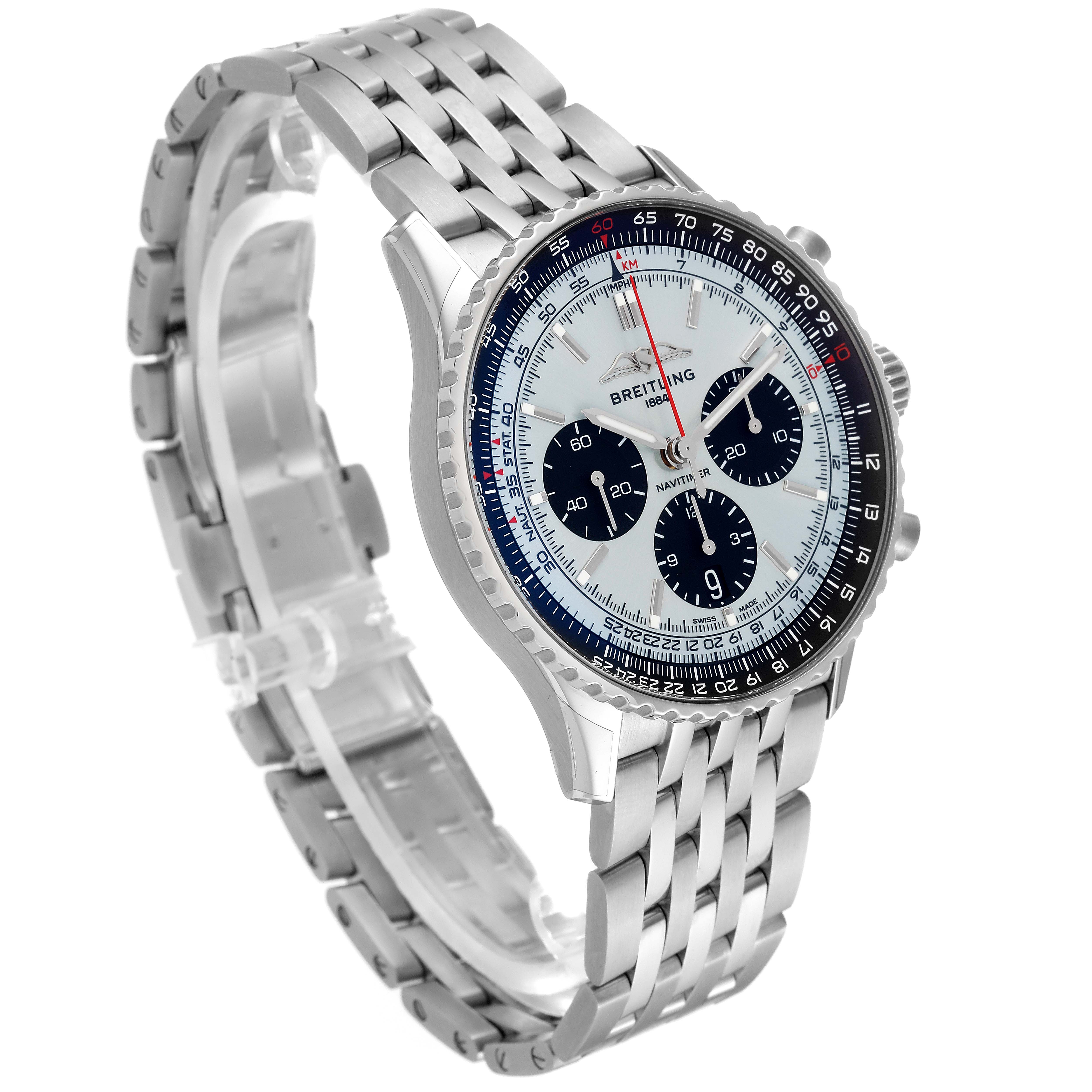 The Breitling Navitimer AB0138241C1A1 Men's Stainless Steel Blue Dial AB0138241C1A1 Men's Stainless Steel Blue Dial watch is shown at a slight angle, displaying its face, bezel, and metal bracelet.