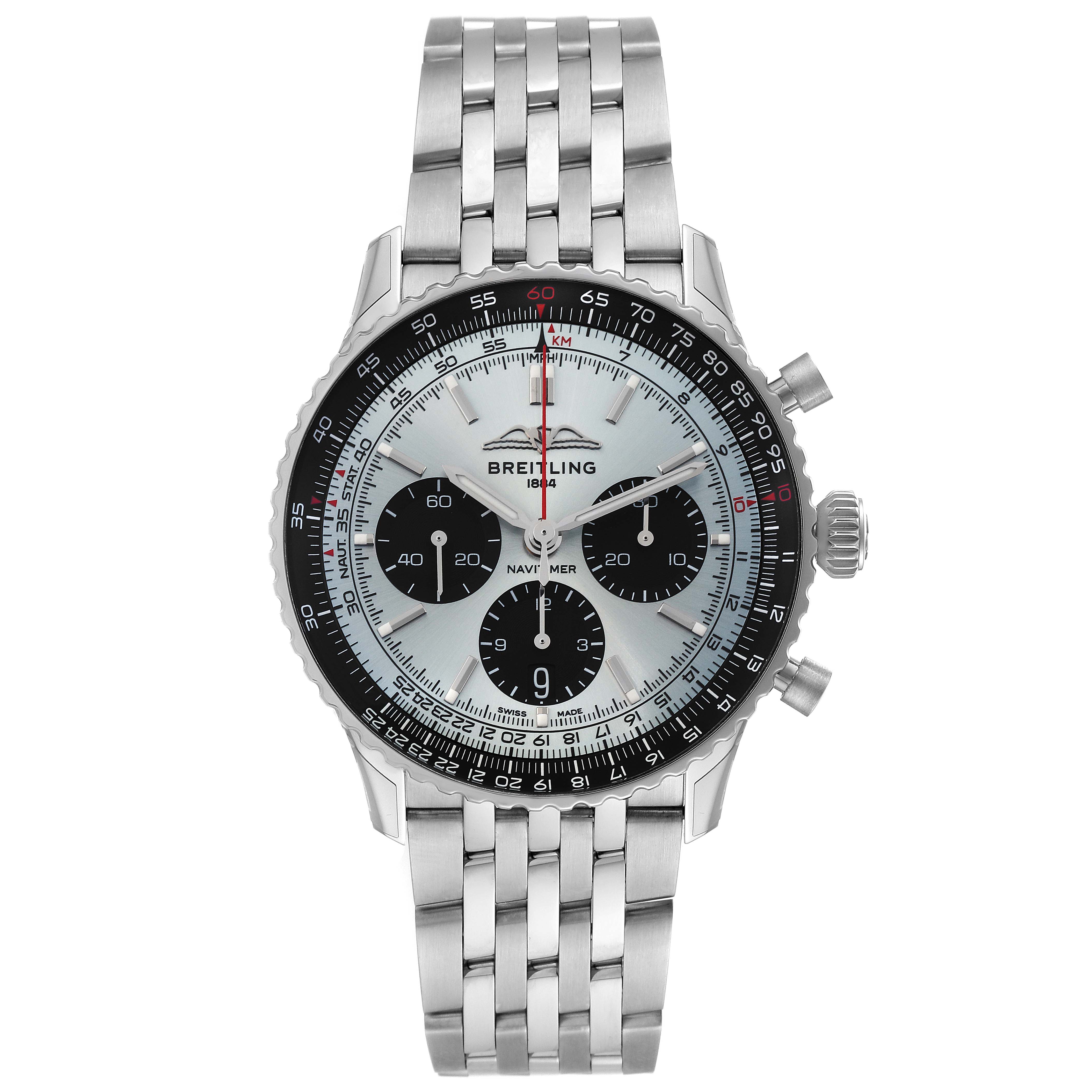 This image shows a front view of a Breitling Navitimer AB0138241C1A1 Men's Stainless Steel Blue Dial AB0138241C1A1 Men's Stainless Steel Blue Dial watch, displaying its face, bezel, crown, pushers, and bracelet.