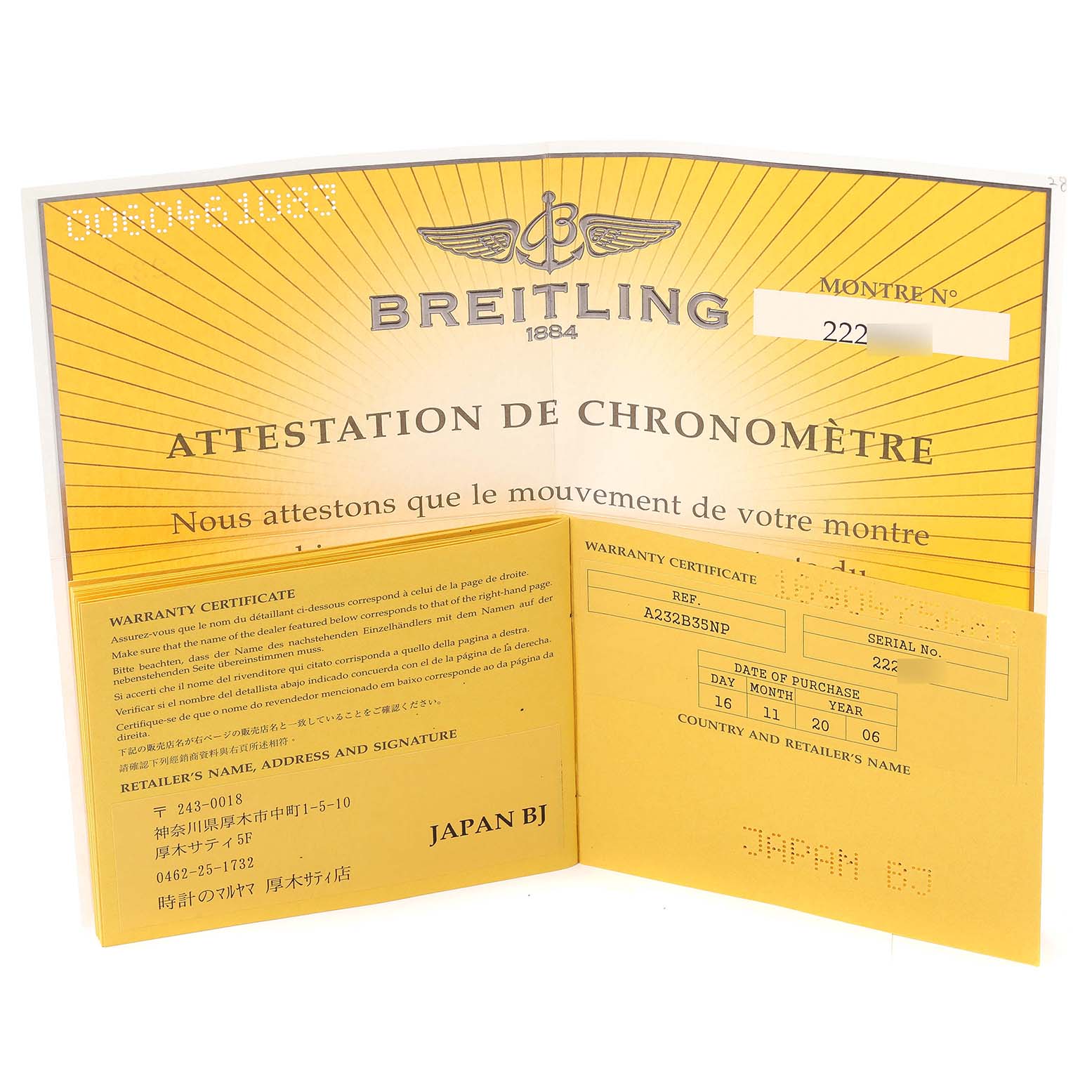 The image shows the warranty certificate and chronometer attestation for a Breitling Navitimer A23322 Men
s Stainless Steel Black Dial A23322 Men
s Stainless Steel Black Dial watch, viewed from the front.