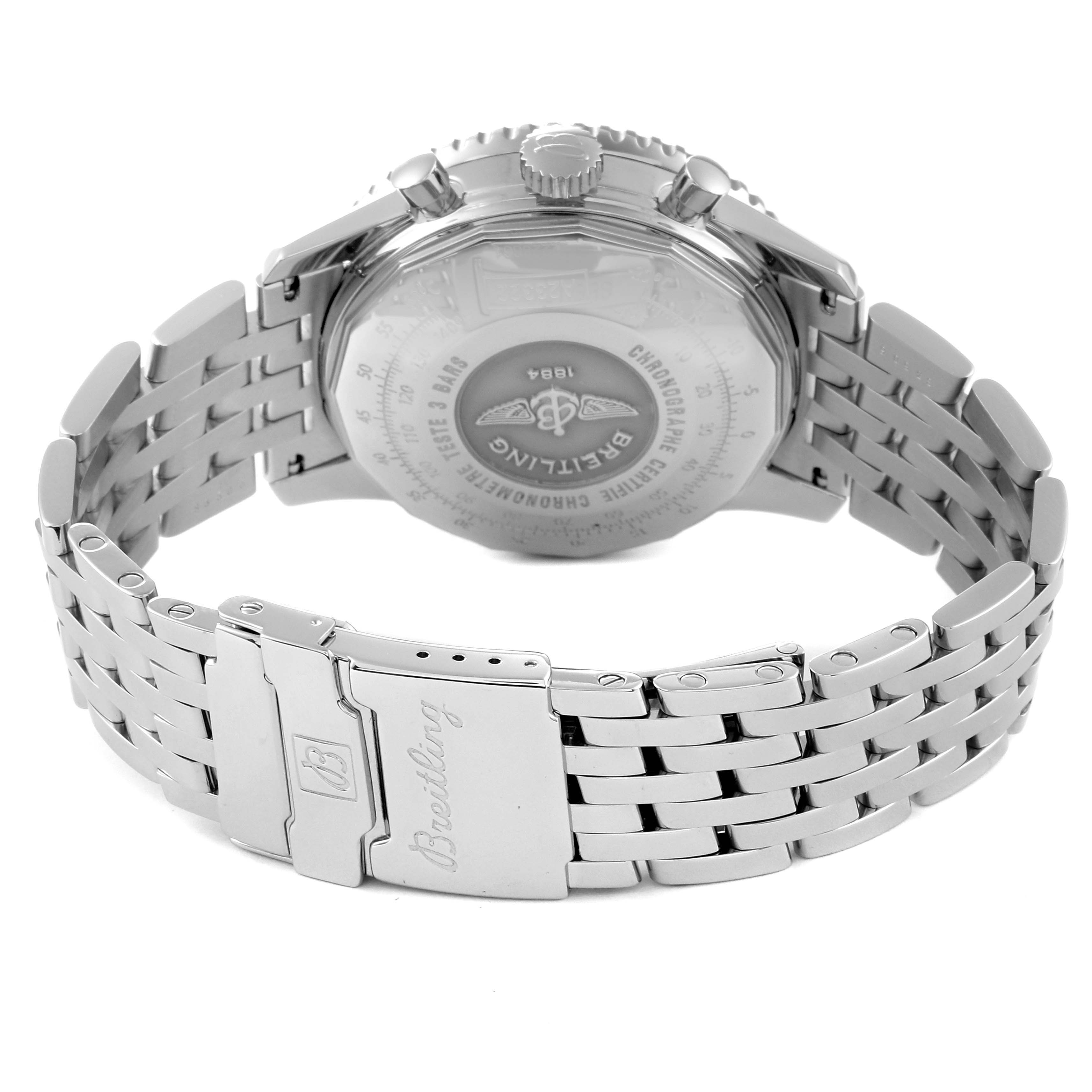 This image shows the Breitling Navitimer A23322 Men
s Stainless Steel Black Dial A23322 Men
s Stainless Steel Black Dial watch
s back case, crown, pushers, and stainless steel bracelet.