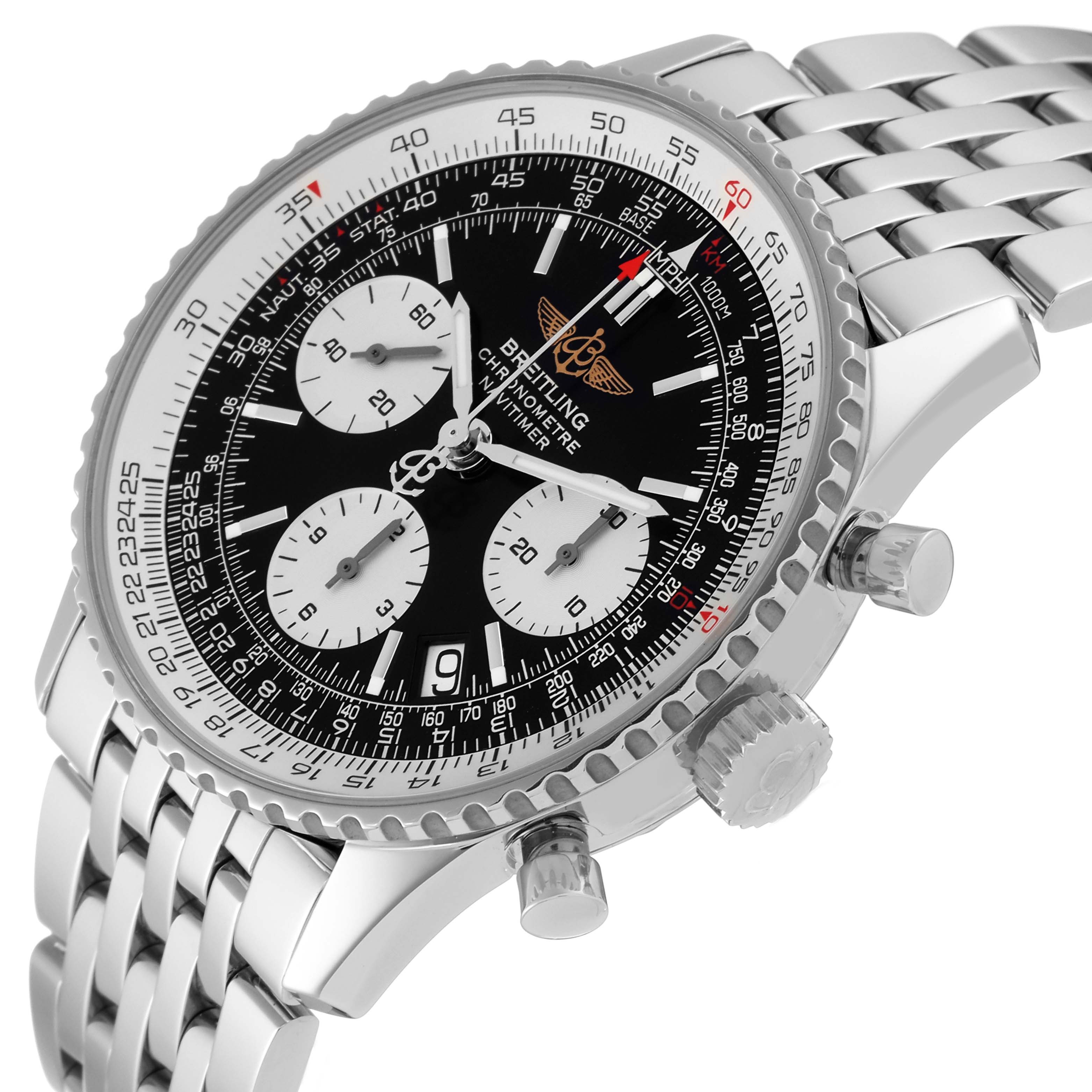 The image shows a Breitling Navitimer A23322 Men
s Stainless Steel Black Dial A23322 Men
s Stainless Steel Black Dial watch at a three-quarter angle, highlighting the dial, bezel, crown, and chronograph pushers.