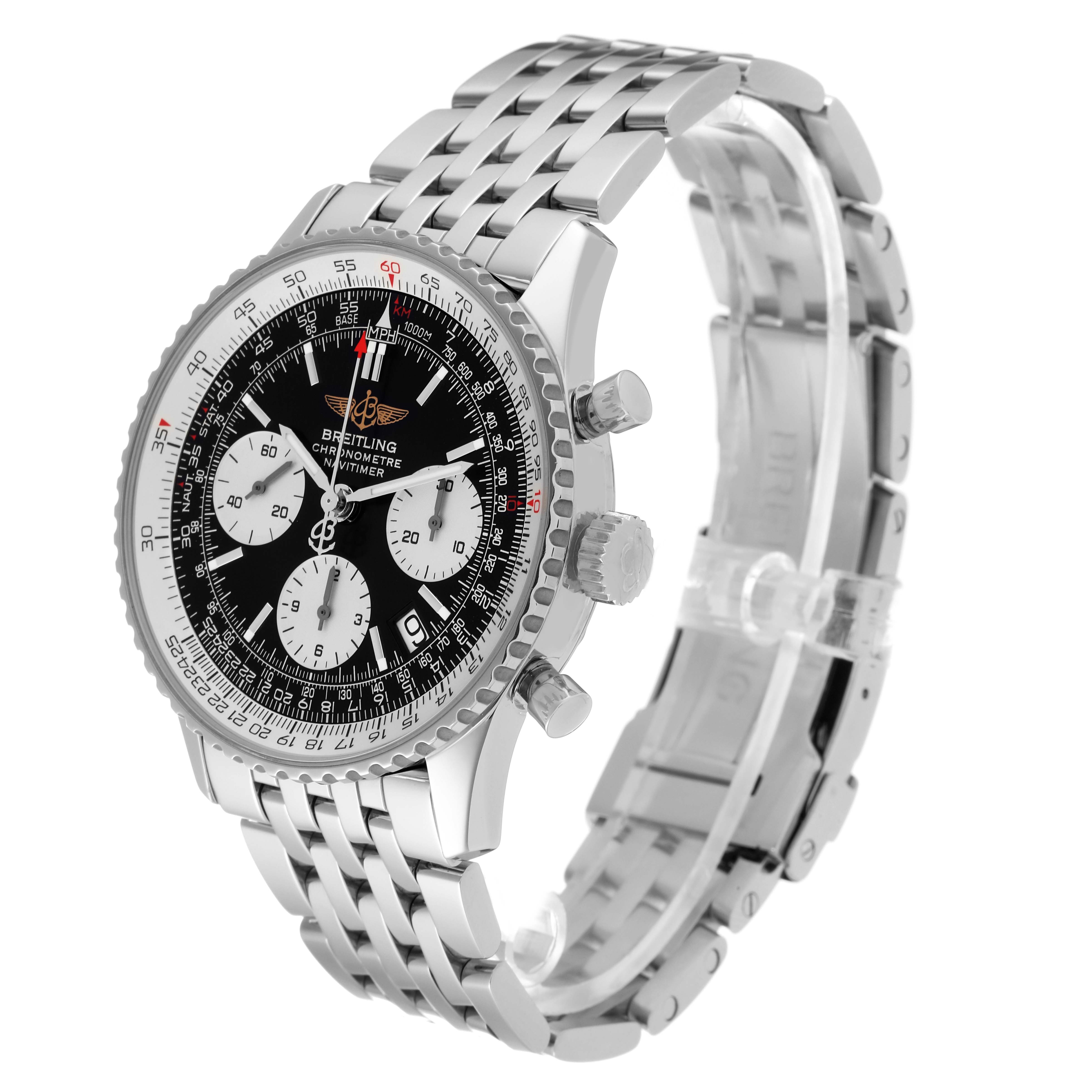 The Breitling Navitimer A23322 Men
s Stainless Steel Black Dial A23322 Men
s Stainless Steel Black Dial watch is shown at a three-quarter angle, highlighting its face, bezel, crown, pushers, and bracelet.