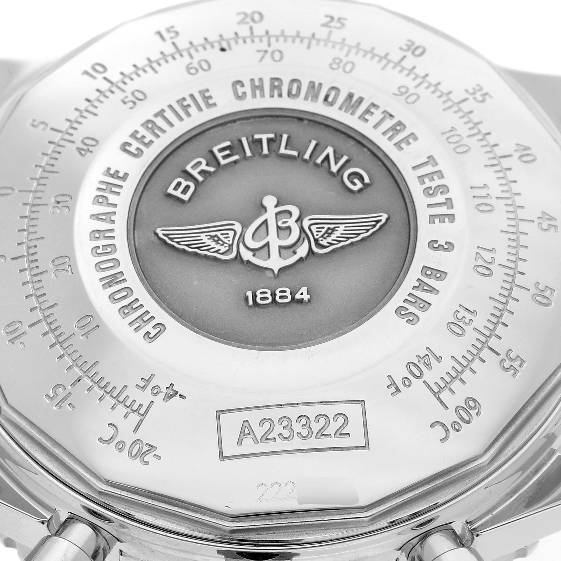 This image shows the back of a Breitling Navitimer A23322 Men
s Stainless Steel Black Dial A23322 Men
s Stainless Steel Black Dial watch, highlighting its engravings and specifications.