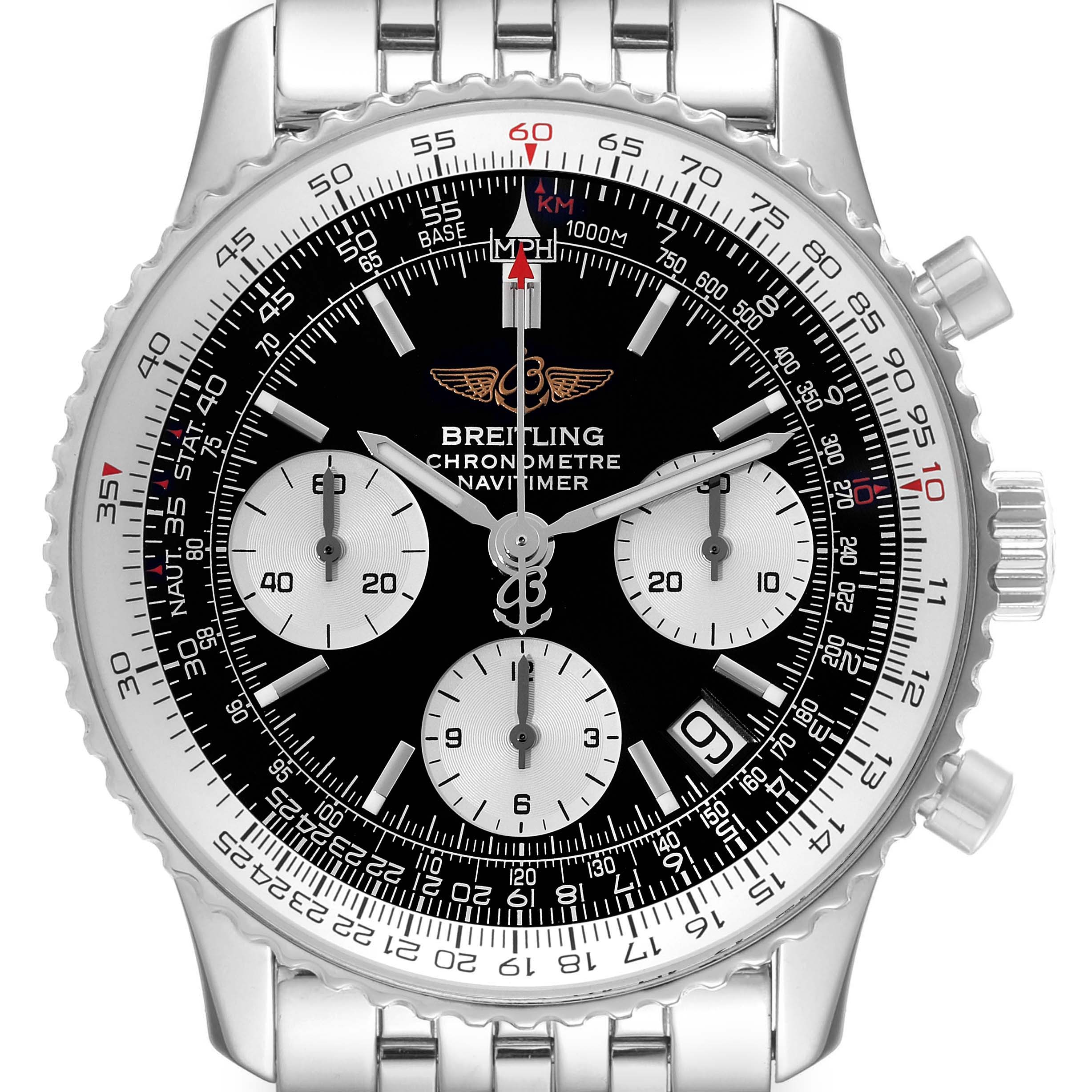 The image shows a front view of a Breitling Navitimer A23322 Men
s Stainless Steel Black Dial A23322 Men
s Stainless Steel Black Dial watch, featuring a black dial, three subdials, and a metal bracelet.