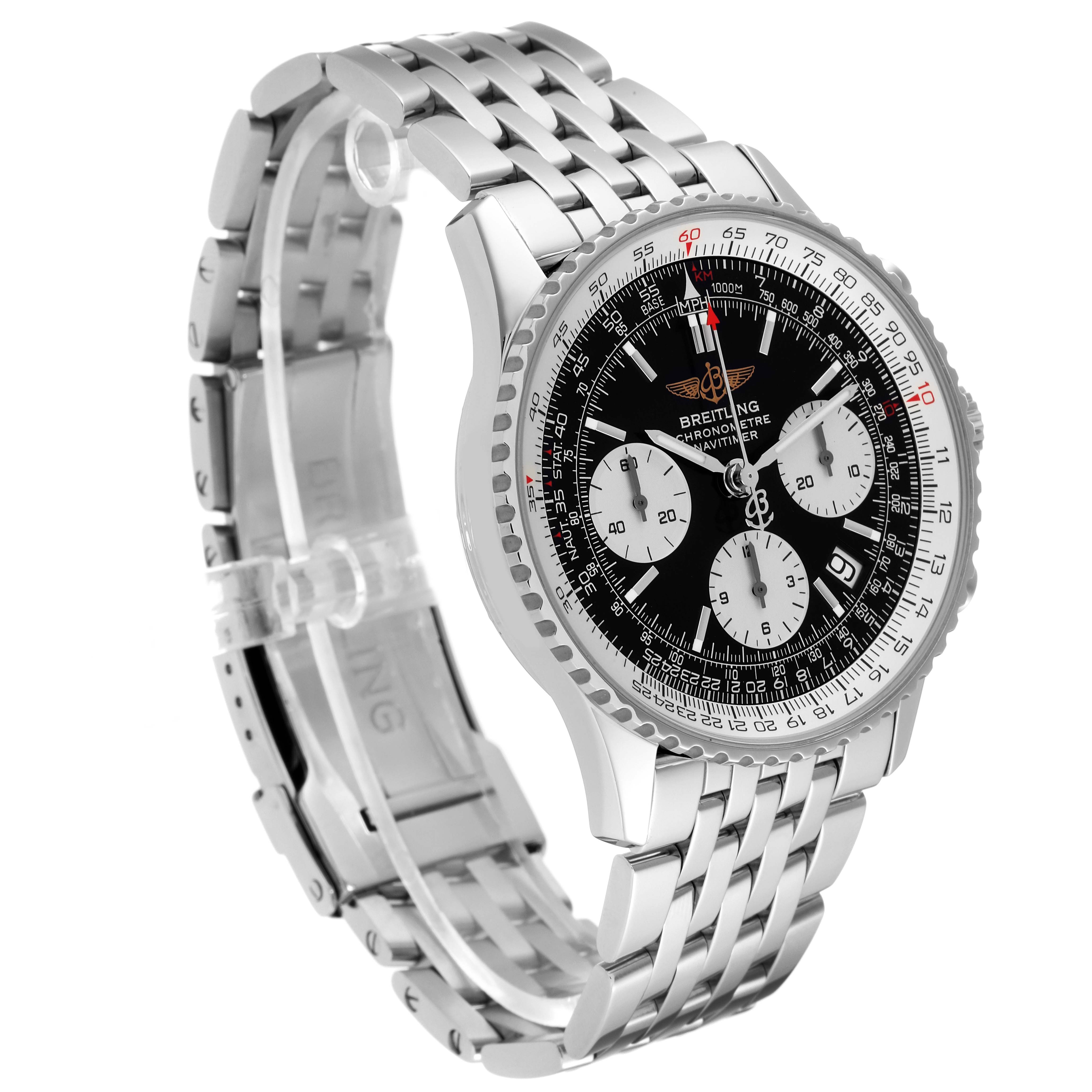 The Breitling Navitimer A23322 Men
s Stainless Steel Black Dial A23322 Men
s Stainless Steel Black Dial watch is shown at a 3/4 angle, displaying the face, bezel, and metal bracelet.