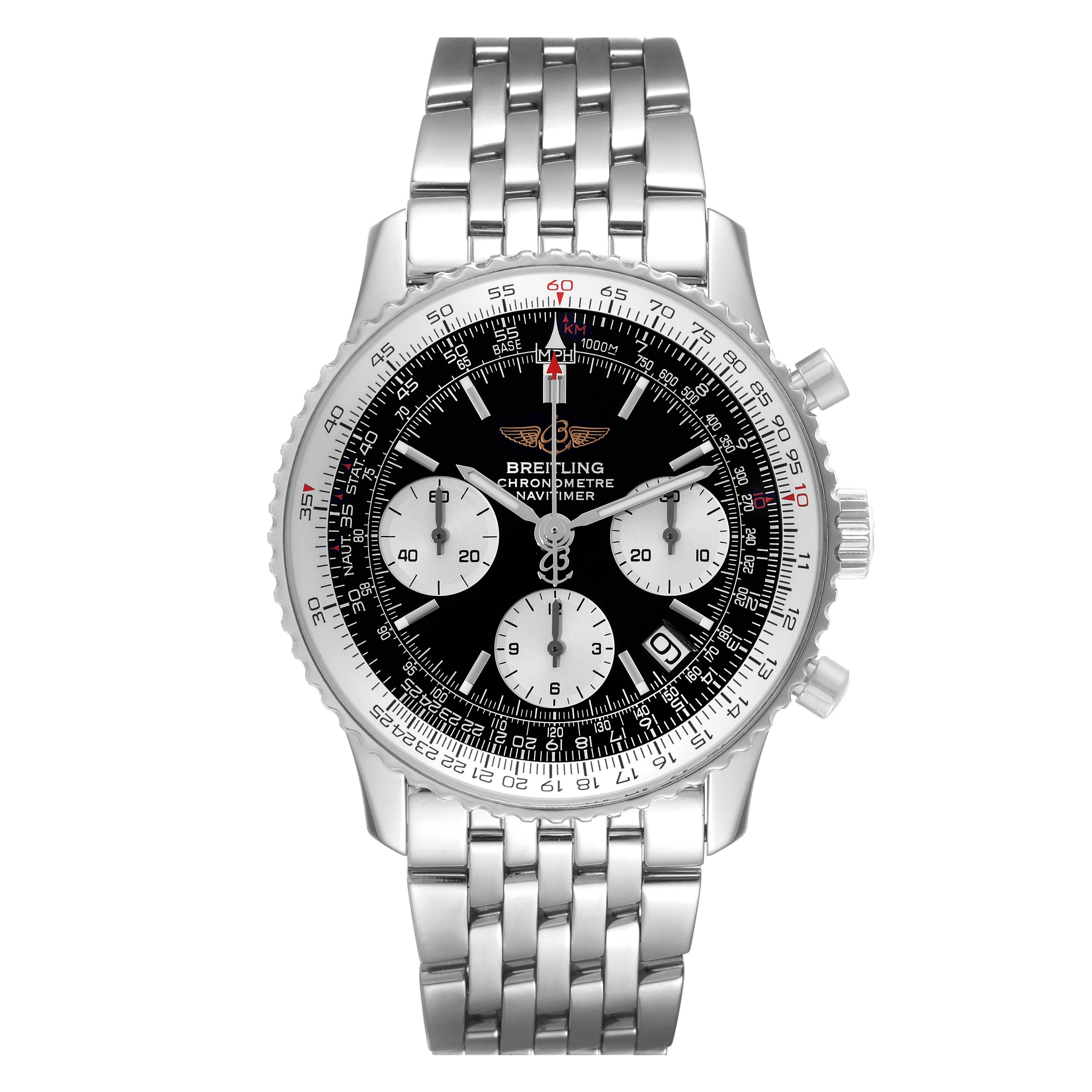 The image shows a frontal view of a Breitling Navitimer A23322 Men
s Stainless Steel Black Dial A23322 Men
s Stainless Steel Black Dial watch, displaying its dial, bezel, chronograph subdials, and metal bracelet.