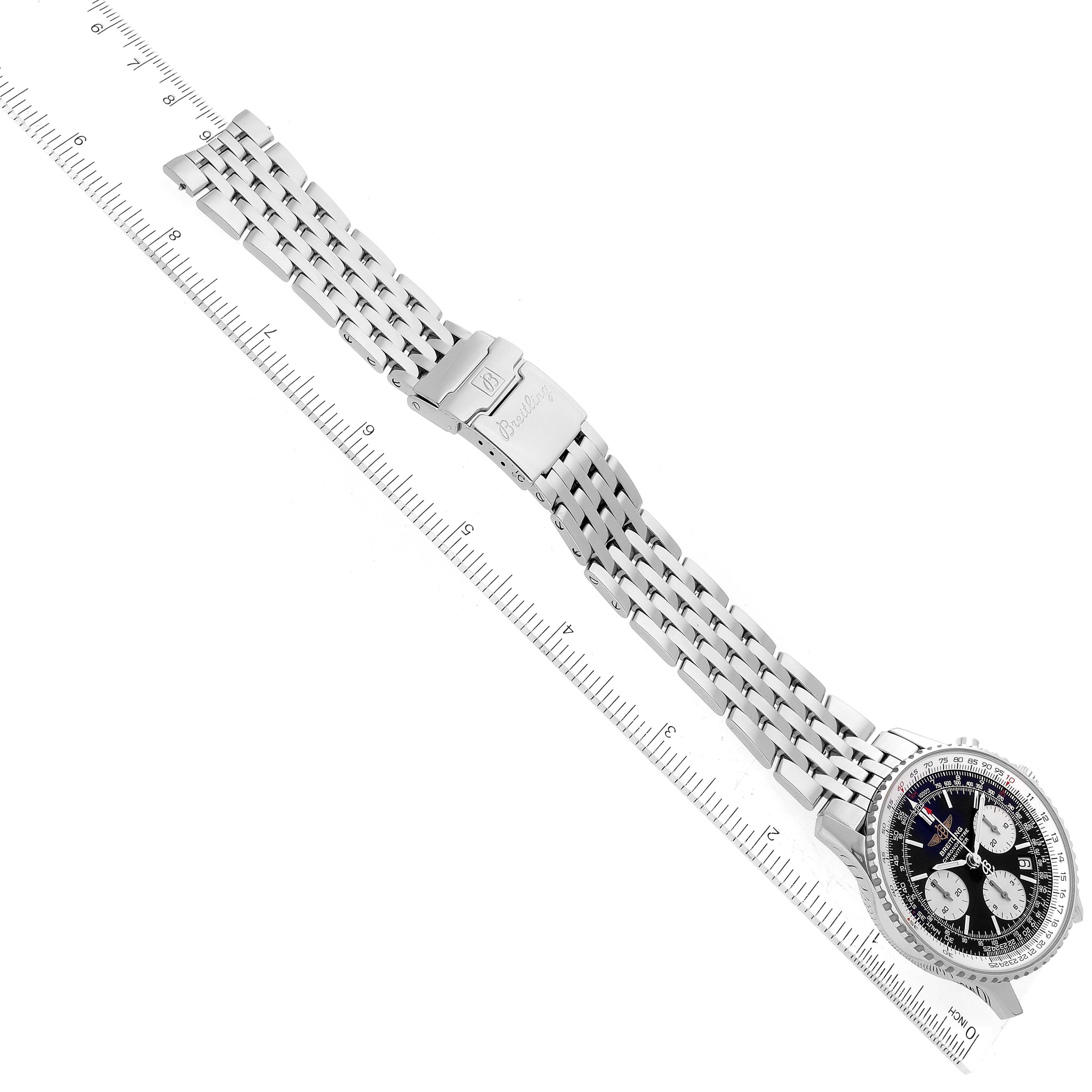 The image shows the Breitling Navitimer A23322 Men
s Stainless Steel Black Dial A23322 Men
s Stainless Steel Black Dial watch laid diagonally, displaying its face and metal bracelet.