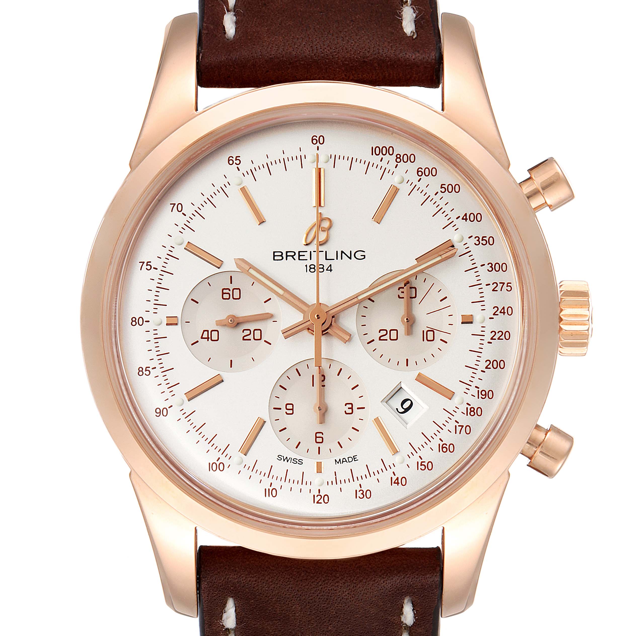 This image shows a front view of the Breitling Transocean RB0152 Men's Rose Gold Silver Dial RB0152 Men's Rose Gold Silver Dial watch, highlighting its dial, chronograph subdials, and brown leather strap.