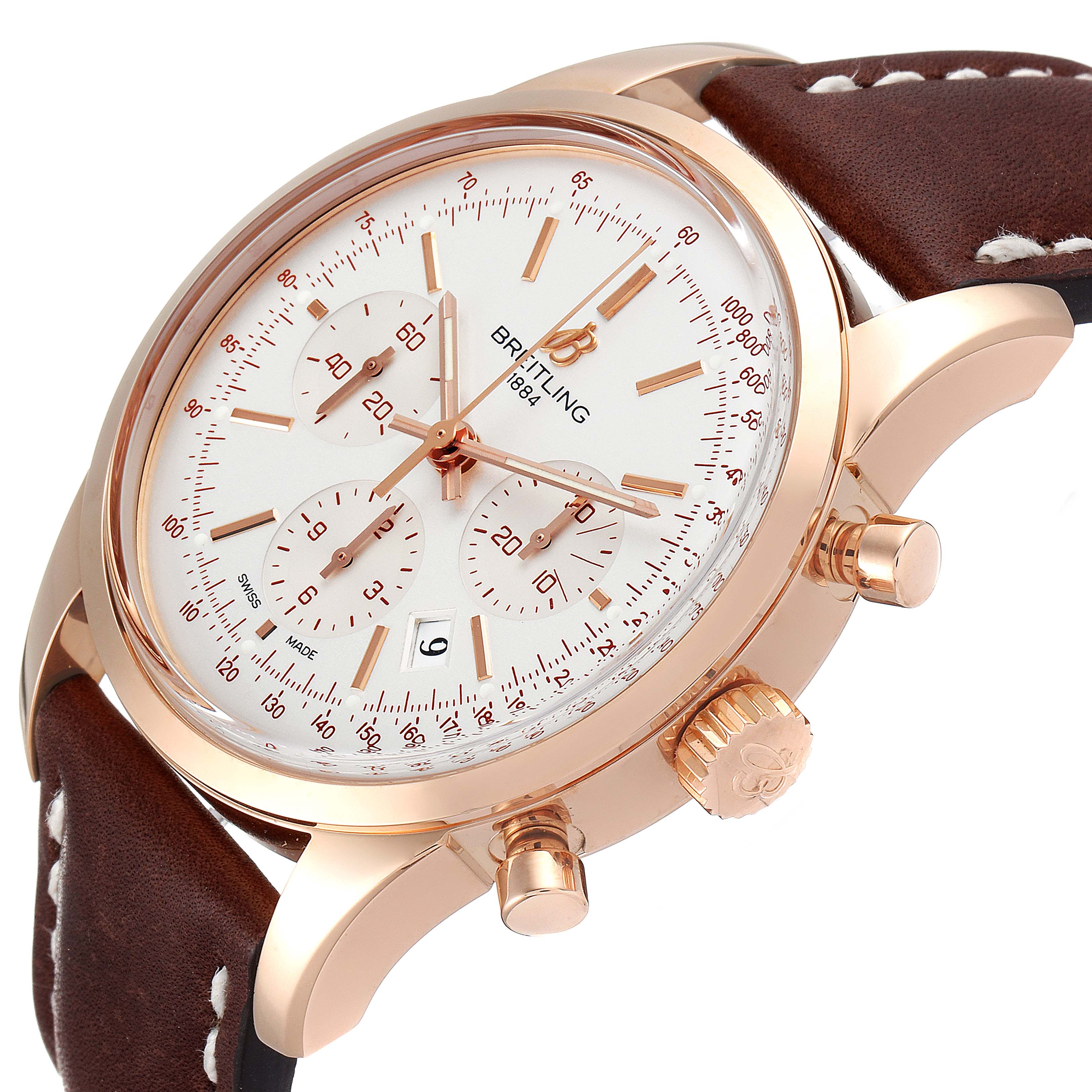 The image shows a close-up of a Breitling Transocean RB0152 Men's Rose Gold Silver Dial RB0152 Men's Rose Gold Silver Dial watch at a three-quarter angle, highlighting the dial, crown, pushers, and brown leather strap.