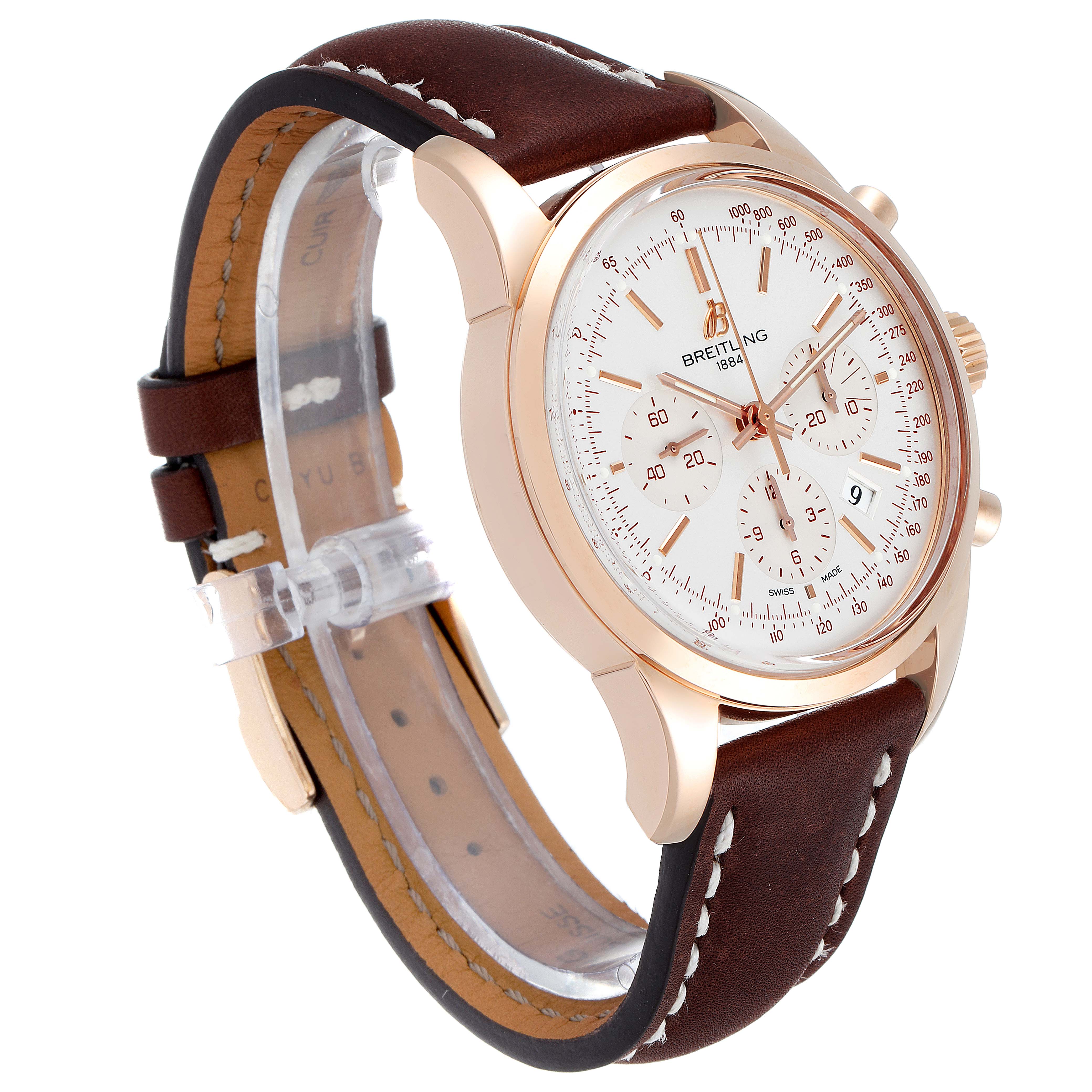 The image shows a Breitling Transocean RB0152 Men's Rose Gold Silver Dial RB0152 Men's Rose Gold Silver Dial watch at a three-quarter angle, highlighting the case, dial, crown, pushers, and leather strap.