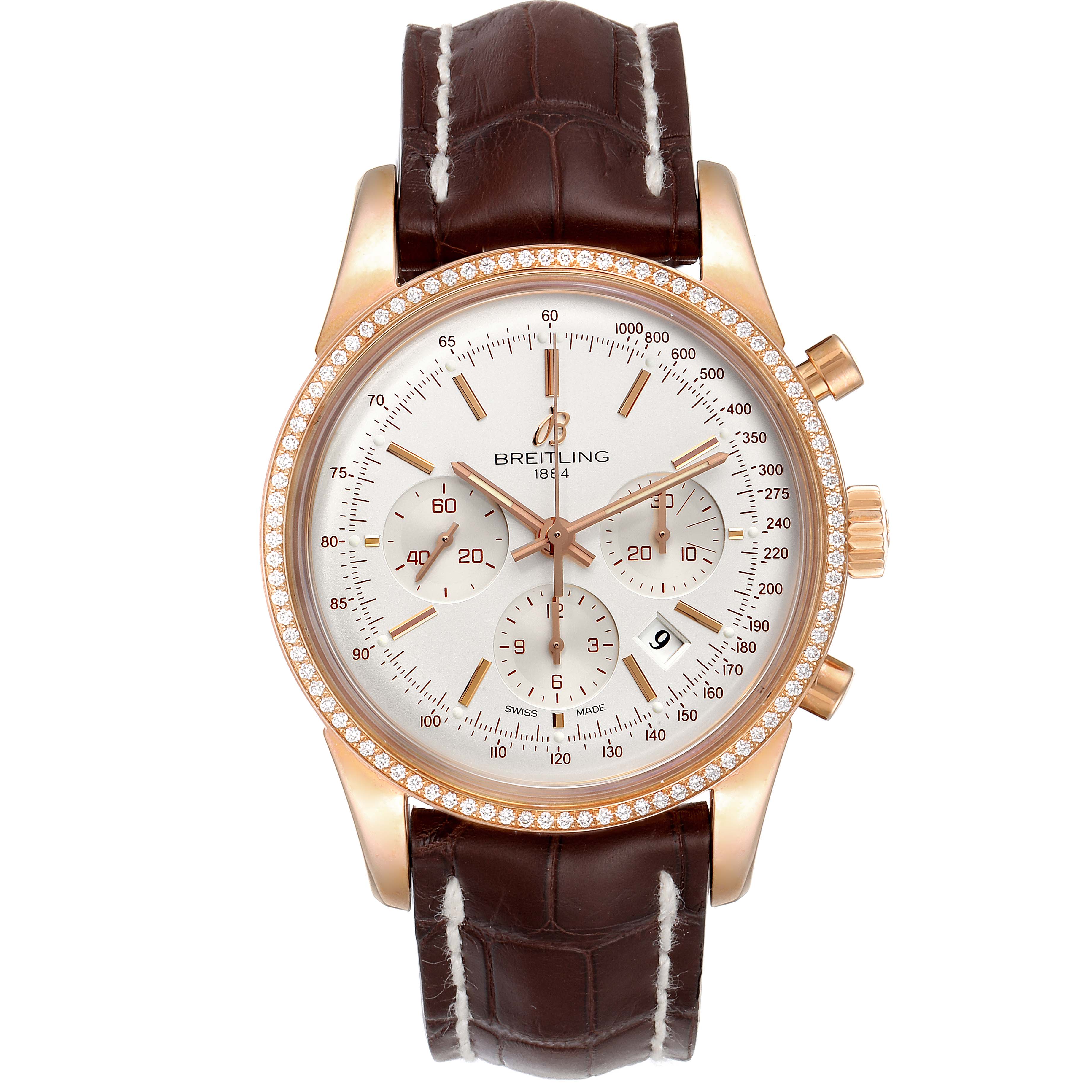 This image shows a front view of the Breitling Transocean RB0152 Men's Rose Gold Silver Dial RB0152 Men's Rose Gold Silver Dial model watch with a brown leather strap and gold-tone case with chronograph dials.