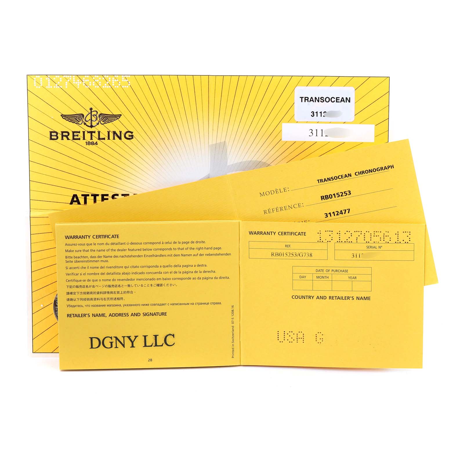 The image shows warranty and certification documents for a Breitling Transocean RB0152 Men's Rose Gold Silver Dial RB0152 Men's Rose Gold Silver Dial watch.