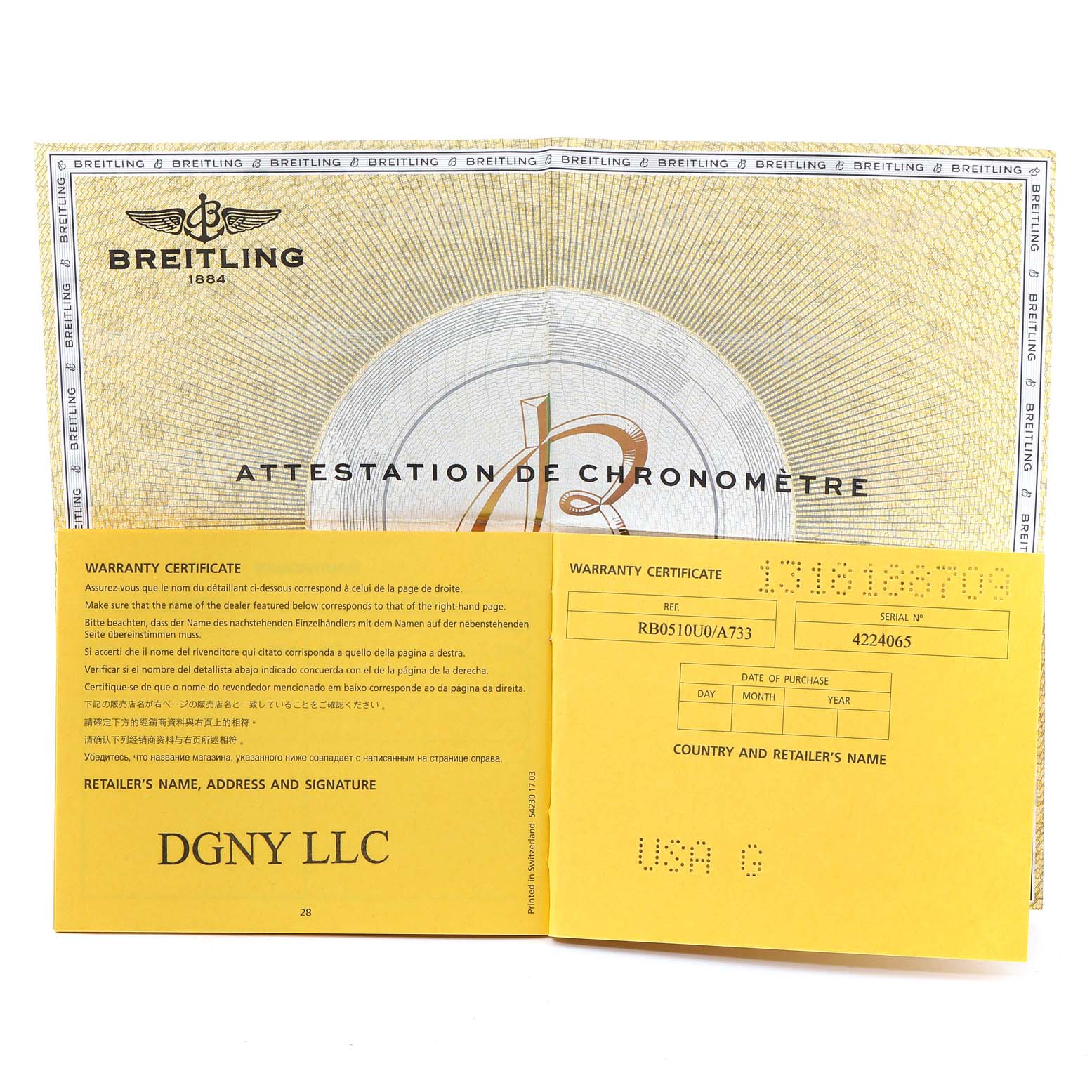 The image shows the warranty certificate of a Breitling Transocean RB0510U4-BB63BKLD Men's Rose Gold White Dial RB0510U4-BB63BKLD Men's Rose Gold White Dial watch.