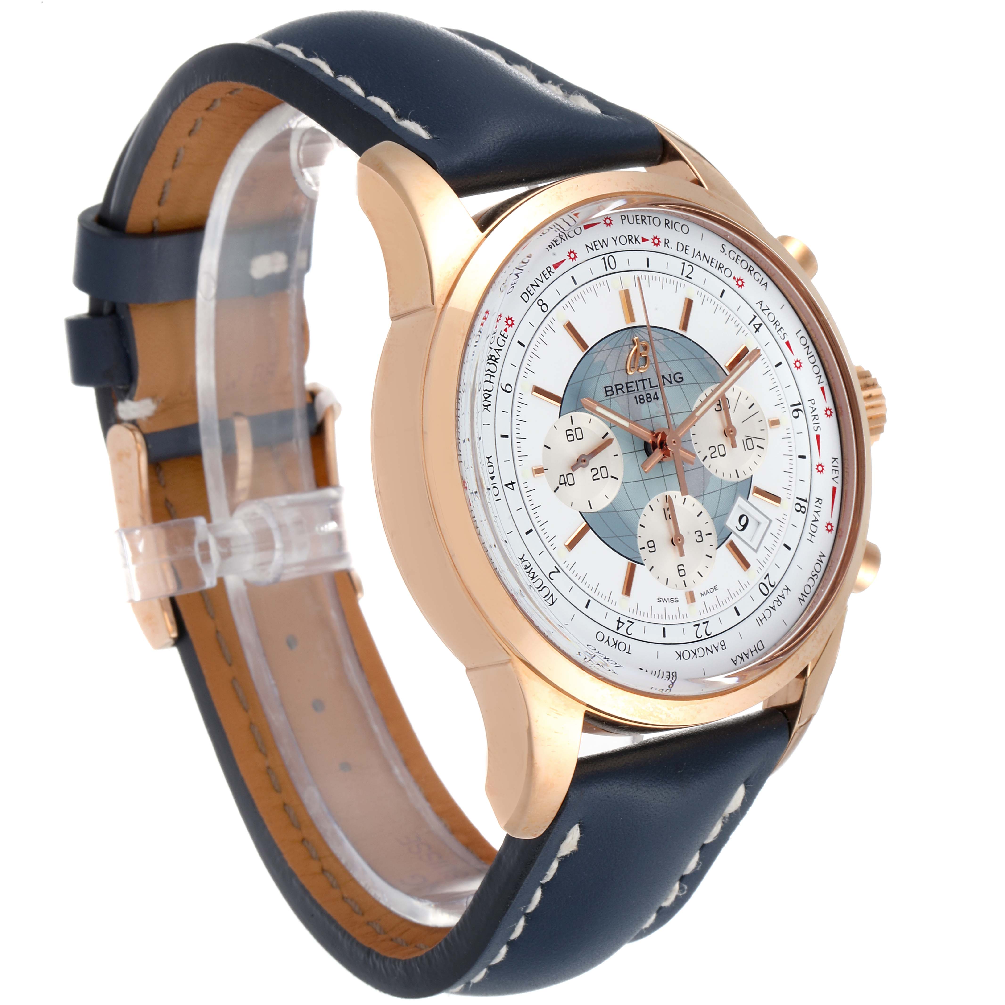 The image shows a side angle view of a Breitling Transocean RB0510U4-BB63BKLD Men's Rose Gold White Dial RB0510U4-BB63BKLD Men's Rose Gold White Dial watch, highlighting the dial, case, and leather strap.