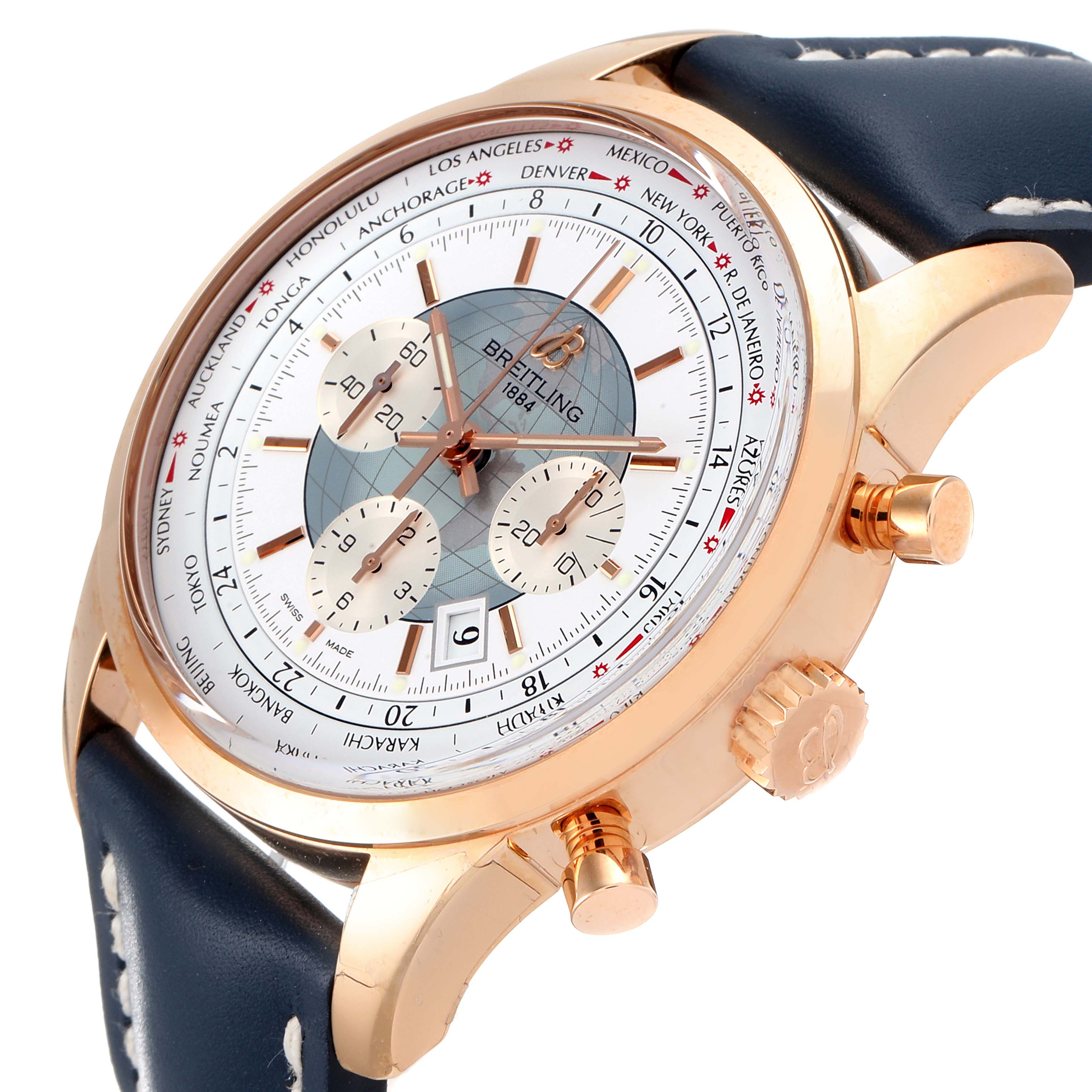 The image shows a side angle view of the Breitling Transocean RB0510U4-BB63BKLD Men's Rose Gold White Dial RB0510U4-BB63BKLD Men's Rose Gold White Dial watch, highlighting the face, crown, and pushers.