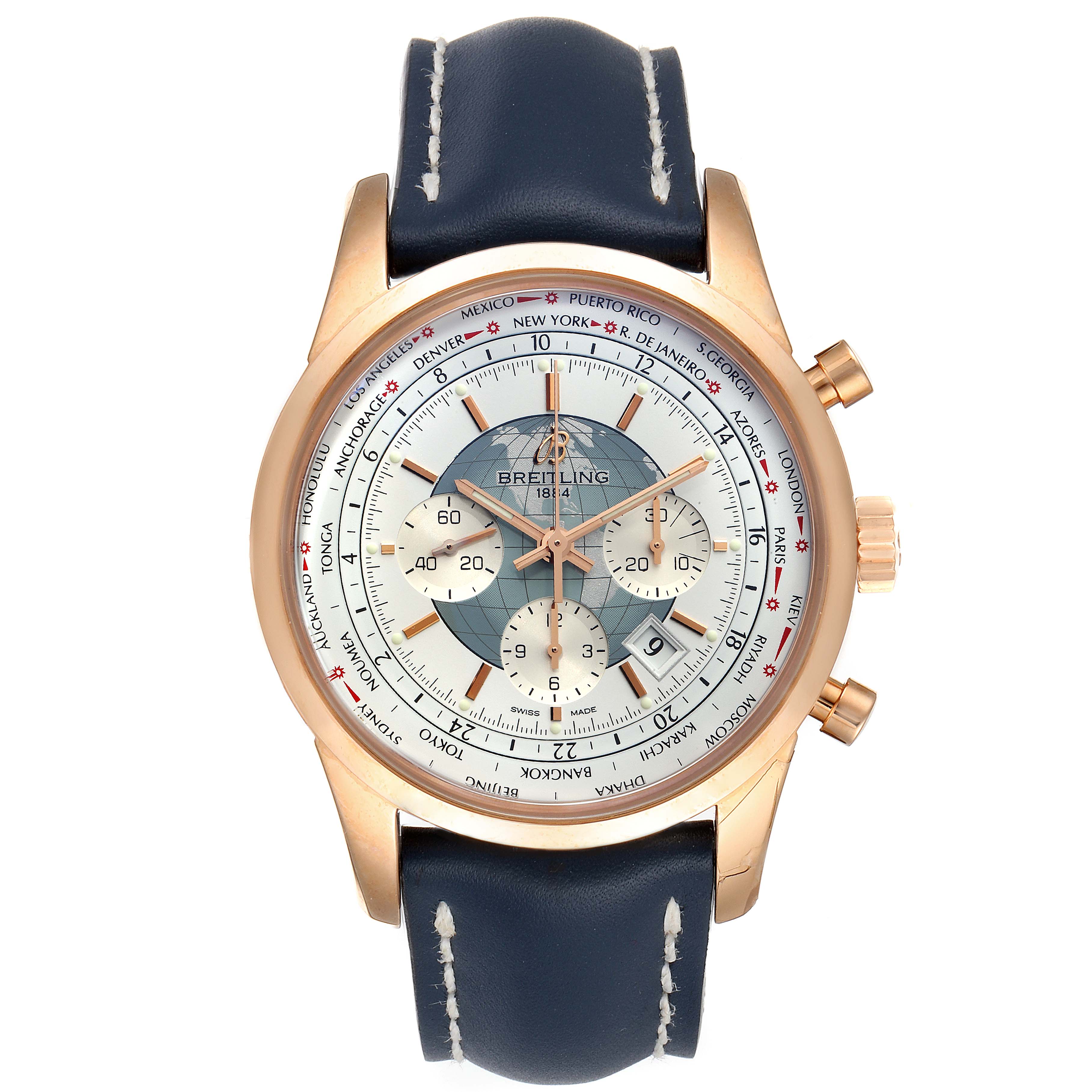 The image shows a front view of the Breitling Transocean RB0510U4-BB63BKLD Men's Rose Gold White Dial RB0510U4-BB63BKLD Men's Rose Gold White Dial watch, highlighting its dial, gold case, and leather strap.