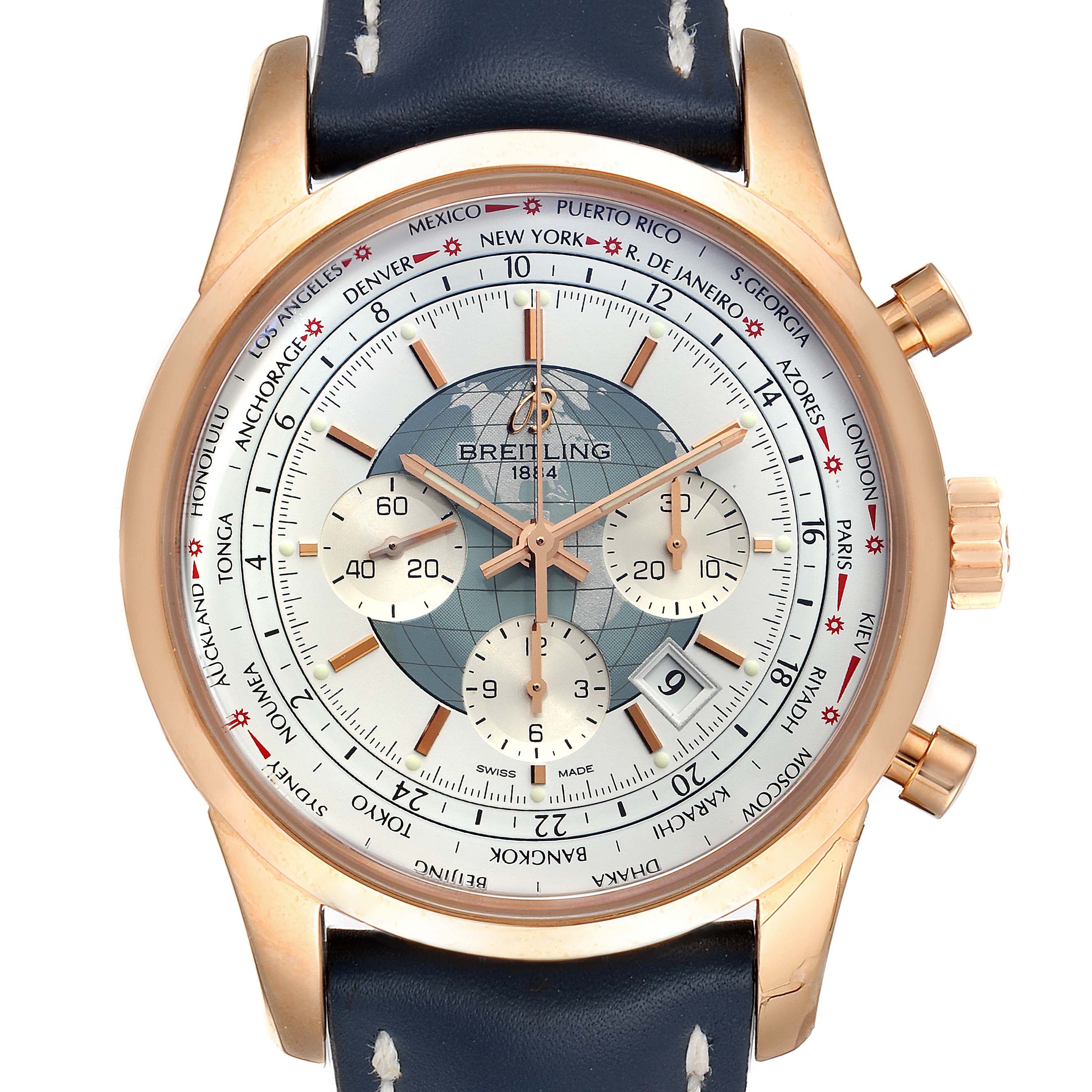 This is a front view of the Breitling Transocean RB0510U4-BB63BKLD Men's Rose Gold White Dial RB0510U4-BB63BKLD Men's Rose Gold White Dial watch showcasing its dial, bezel, case, and leather strap.