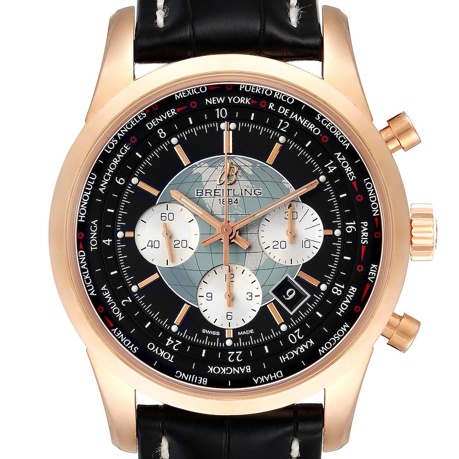 Breitling Transocean Chronograph Unitime Rose Gold Watch RB0510 Box Papers SwissWatchExpo