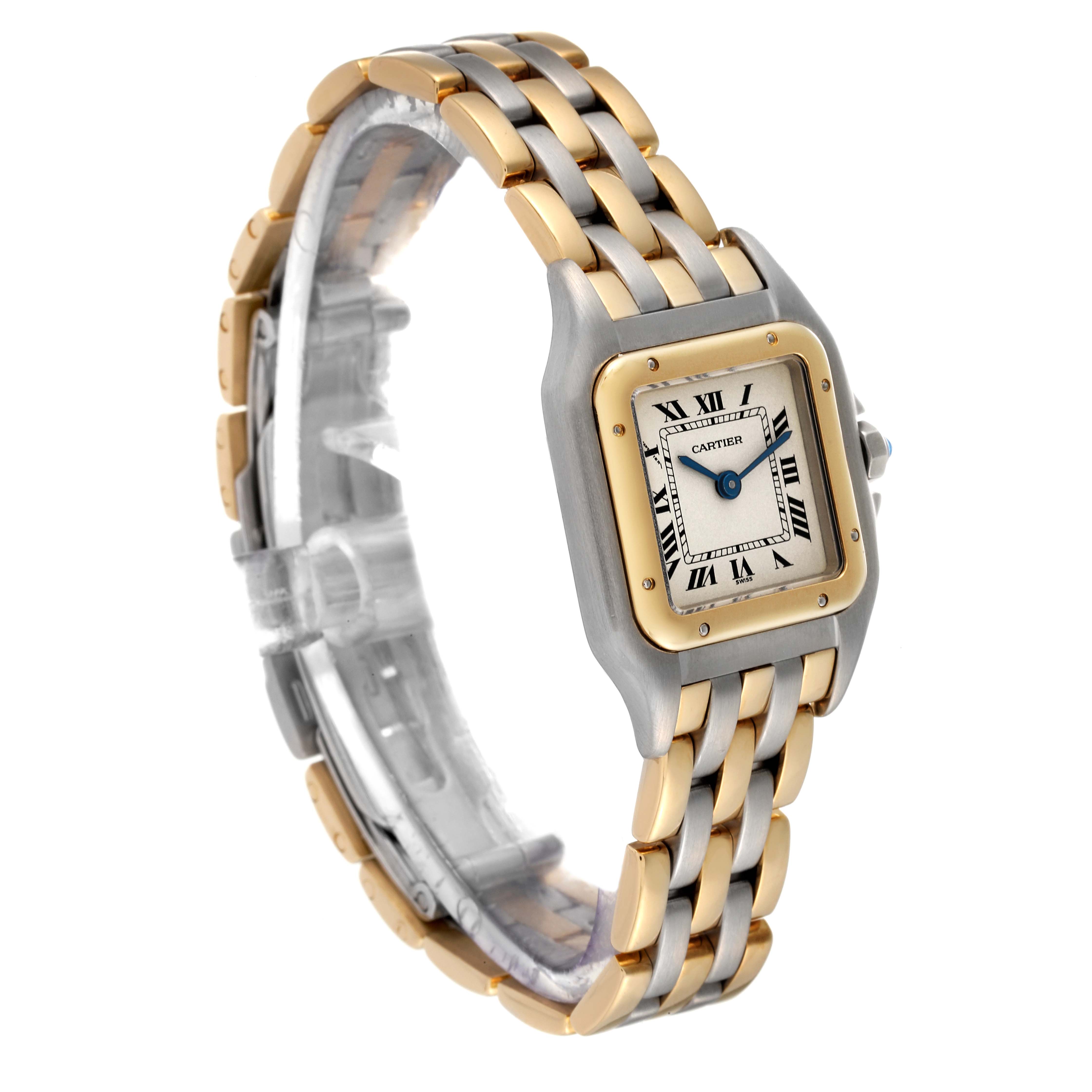 This image shows an angled view of the face and bracelet of a Cartier Panthere W25029B6 Women's Steel and Gold (two tone) Silver Dial W25029B6 Women's Steel and Gold (two tone) Silver Dial watch.
