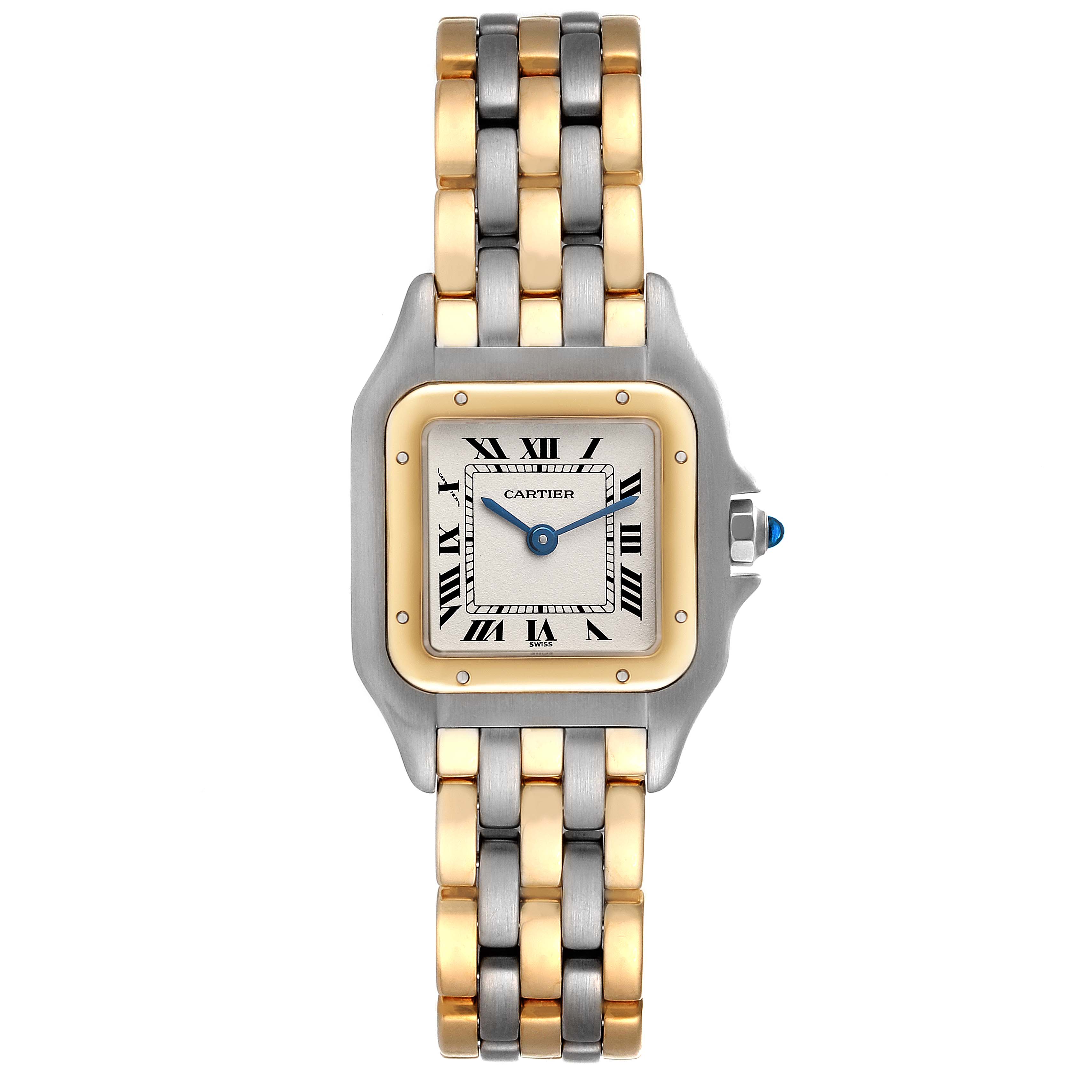 This image shows a front view of a Cartier Panthère watch, highlighting its face, casing, and two-tone bracelet.