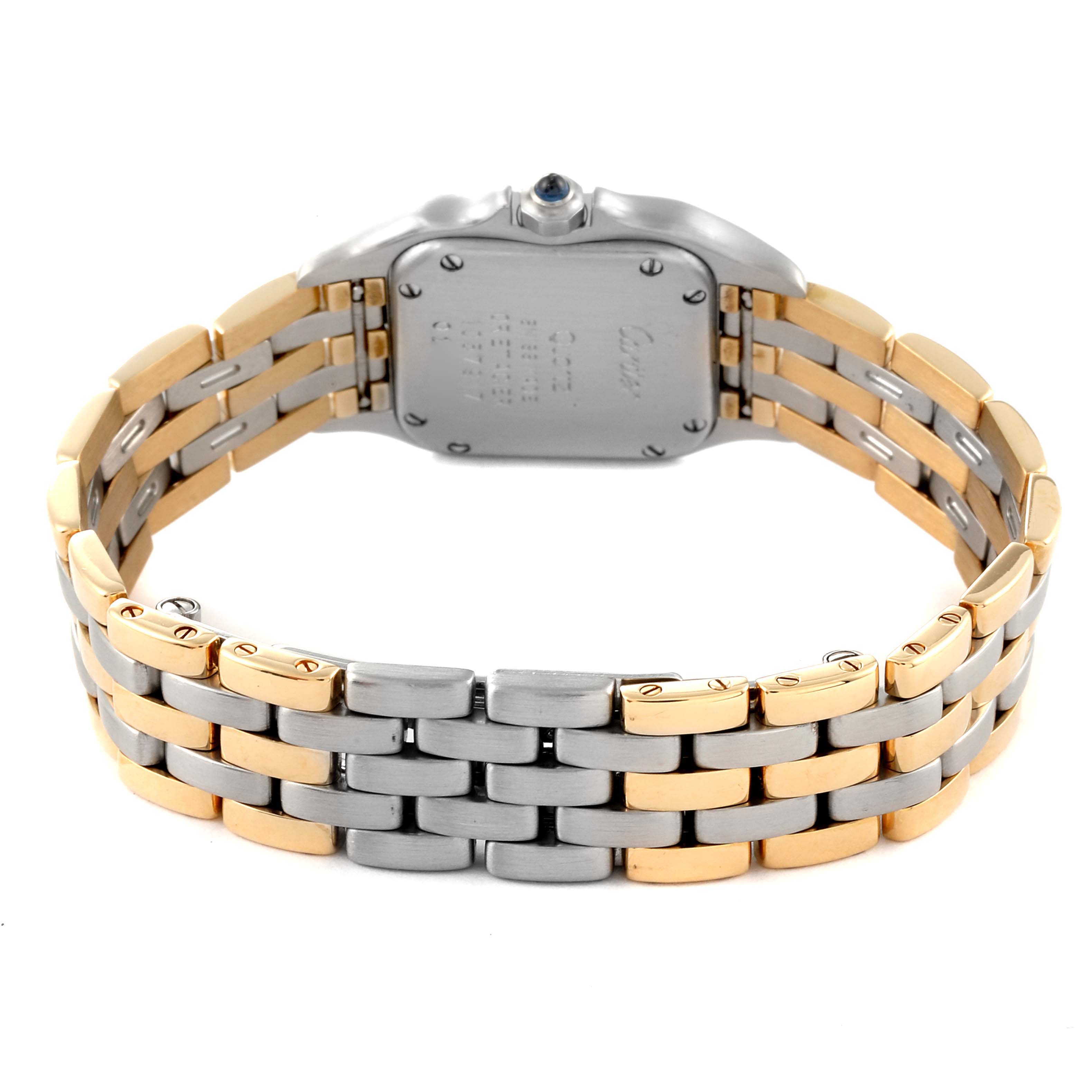 The image shows the back view of a Cartier Panthere W25029B6 Women's Steel and Gold (two tone) Silver Dial W25029B6 Women's Steel and Gold (two tone) Silver Dial watch, highlighting its two-tone bracelet and caseback.