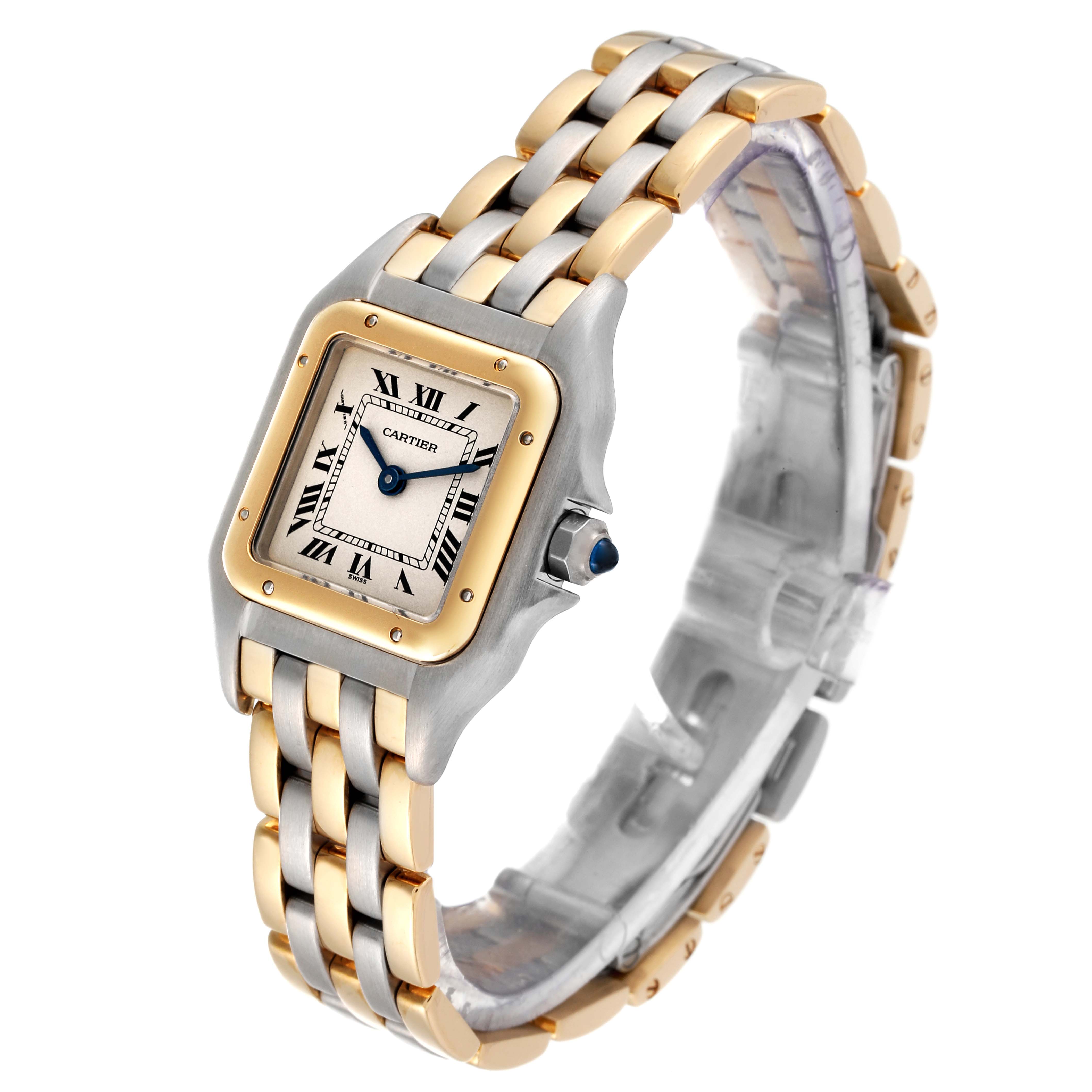 The image shows a Cartier Panthere W25029B6 Women's Steel and Gold (two tone) Silver Dial W25029B6 Women's Steel and Gold (two tone) Silver Dial model watch, highlighting the face, bracelet, and crown from a three-quarter angle.