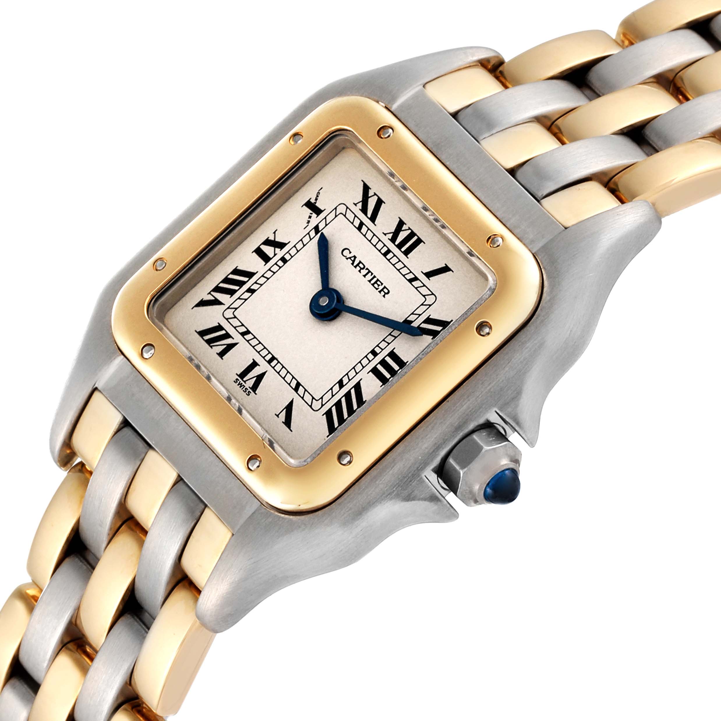 The image shows a close-up of the Cartier Panthere W25029B6 Women's Steel and Gold (two tone) Silver Dial W25029B6 Women's Steel and Gold (two tone) Silver Dial model watch highlighting the square face, blue hands, and two-tone bracelet.
