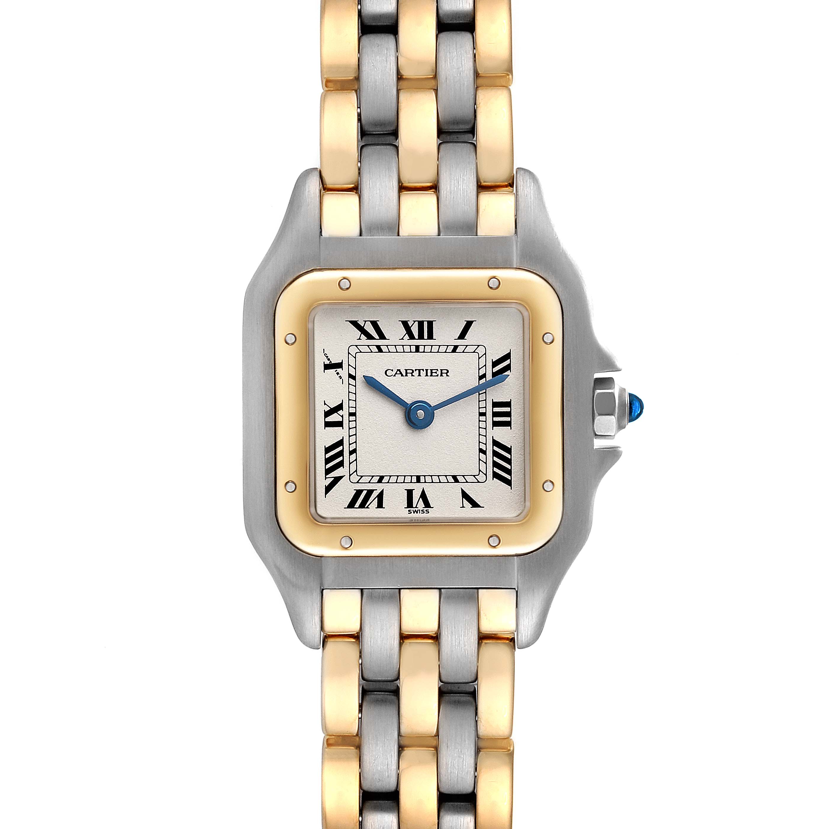 The image shows a front view of the Cartier Panthere W25029B6 Women's Steel and Gold (two tone) Silver Dial W25029B6 Women's Steel and Gold (two tone) Silver Dial watch, highlighting its face, bezel, and two-tone metal bracelet.