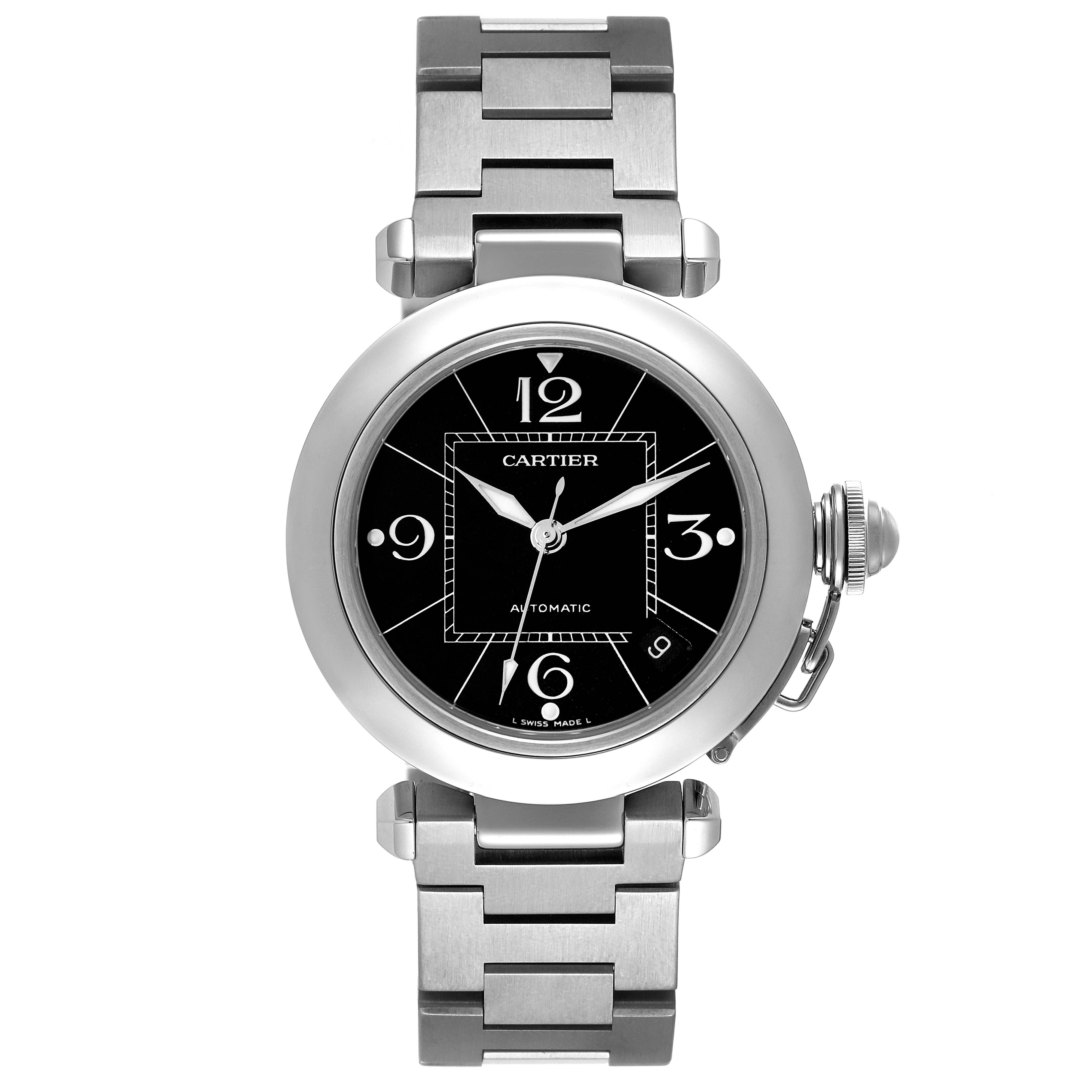 This image shows a front view of the Cartier Pasha W31076M7 Women's Stainless Steel Black Dial W31076M7 Women's Stainless Steel Black Dial model watch, displaying the face, bracelet, and crown.