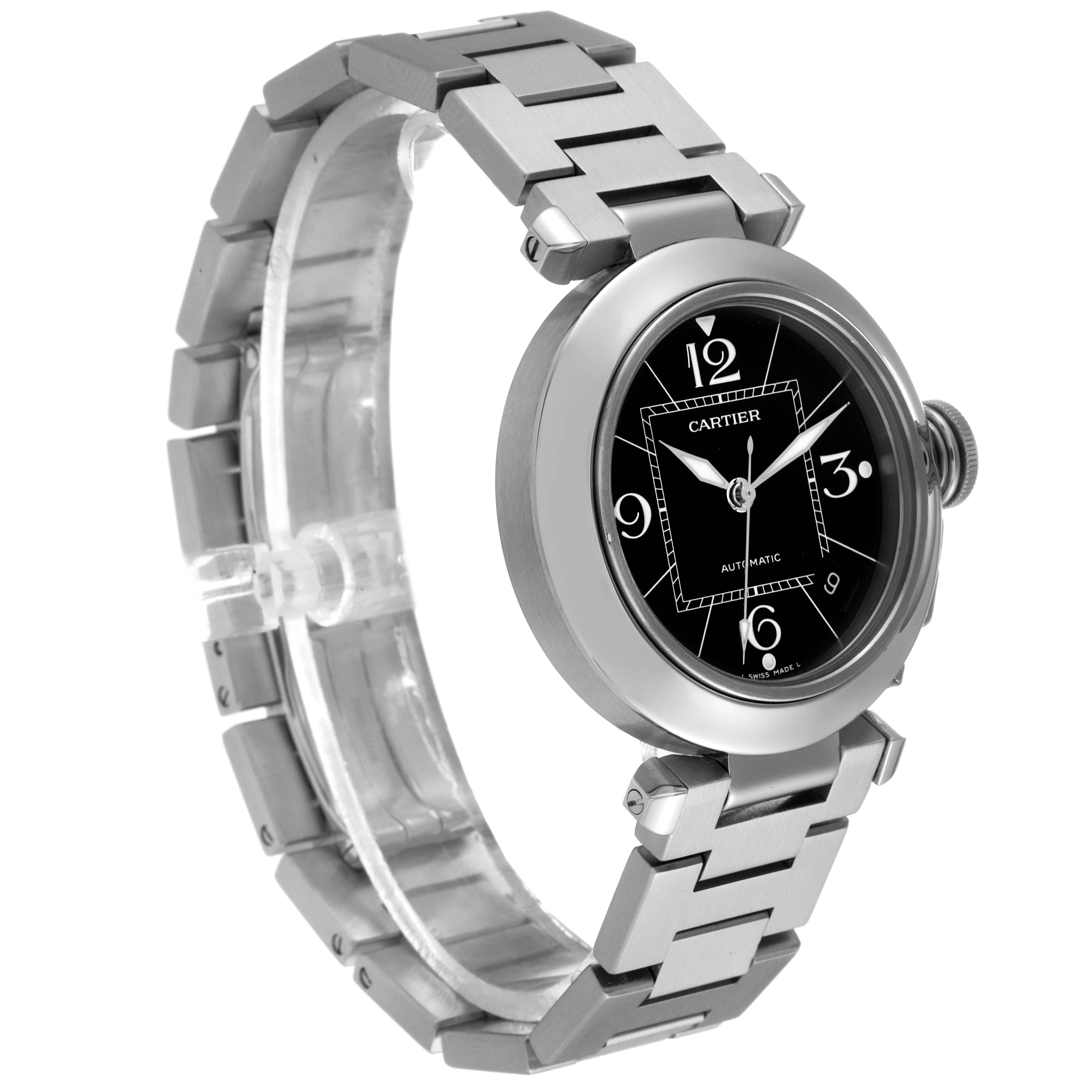 This Cartier Pasha W31076M7 Women's Stainless Steel Black Dial W31076M7 Women's Stainless Steel Black Dial watch is shown at a three-quarter angle, displaying the face, bezel, case, and part of the bracelet.