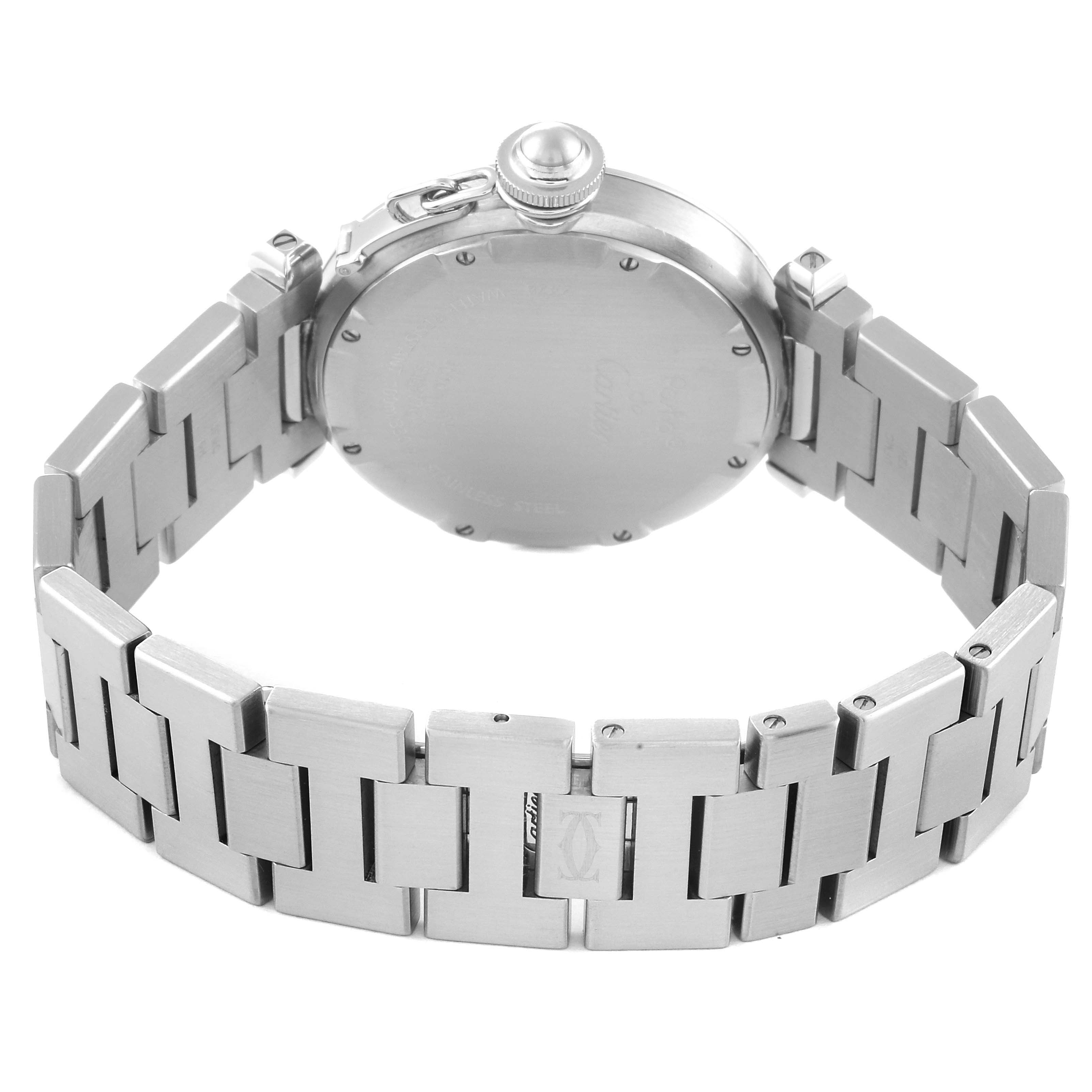 The image shows the back case and bracelet of a Cartier Pasha W31076M7 Women's Stainless Steel Black Dial W31076M7 Women's Stainless Steel Black Dial watch.
