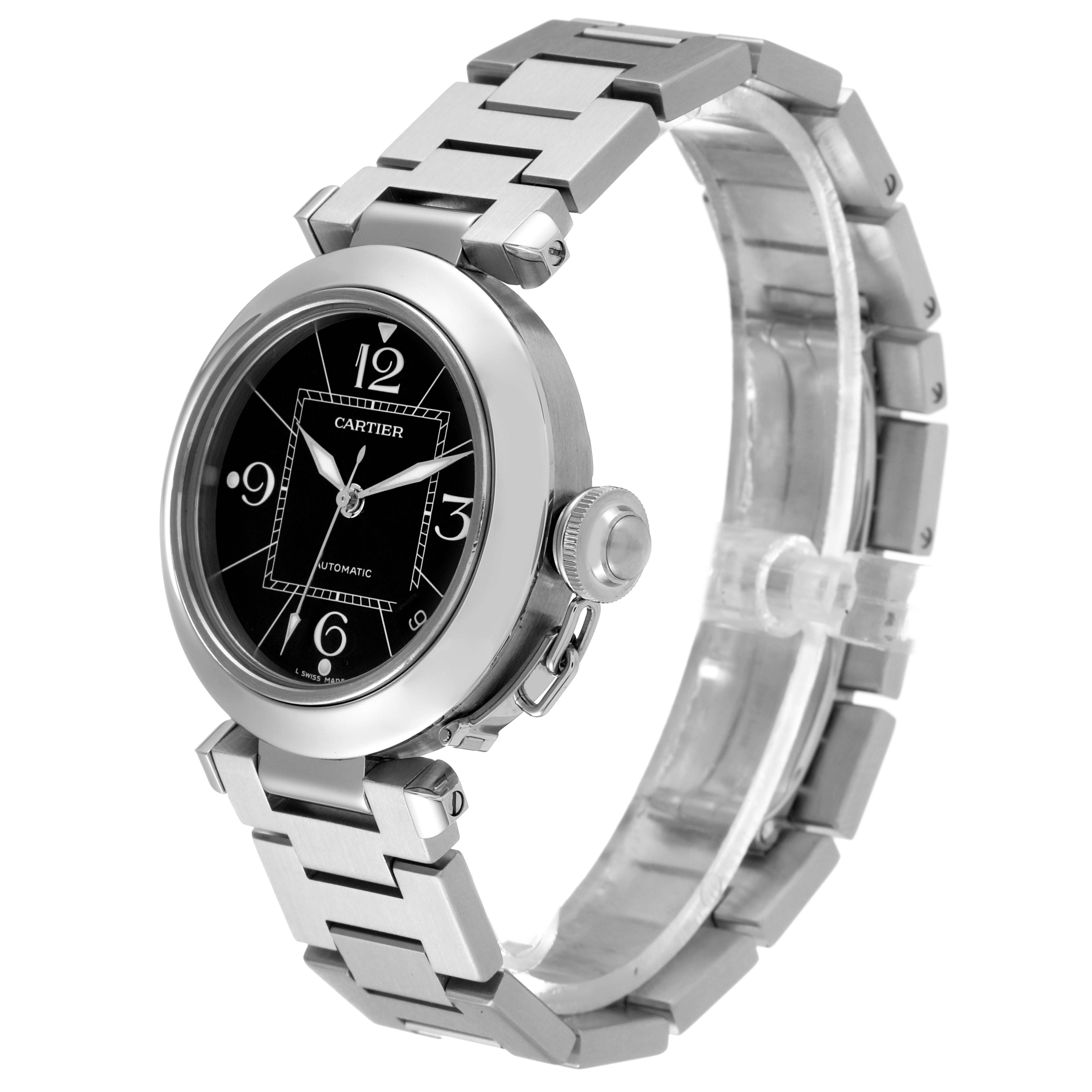 This image shows a side-angle view of the Cartier Pasha W31076M7 Women's Stainless Steel Black Dial W31076M7 Women's Stainless Steel Black Dial watch, highlighting its face, bezel, crown, and bracelet.