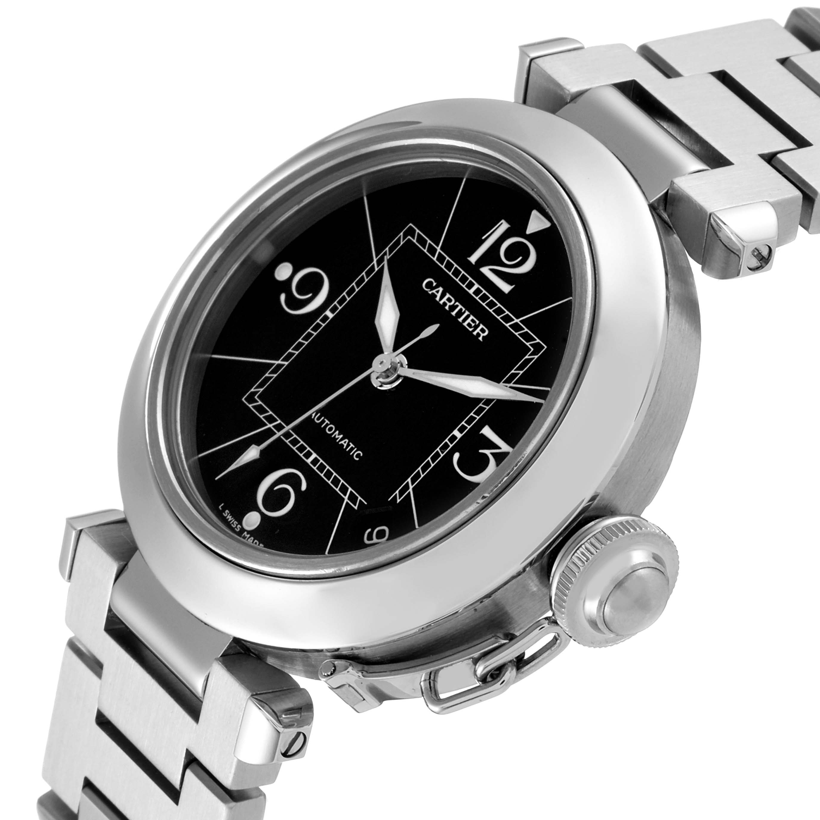 The image shows a close-up, angled view of a Cartier Pasha W31076M7 Women's Stainless Steel Black Dial W31076M7 Women's Stainless Steel Black Dial watch, highlighting its black dial, stainless steel case, and bracelet.