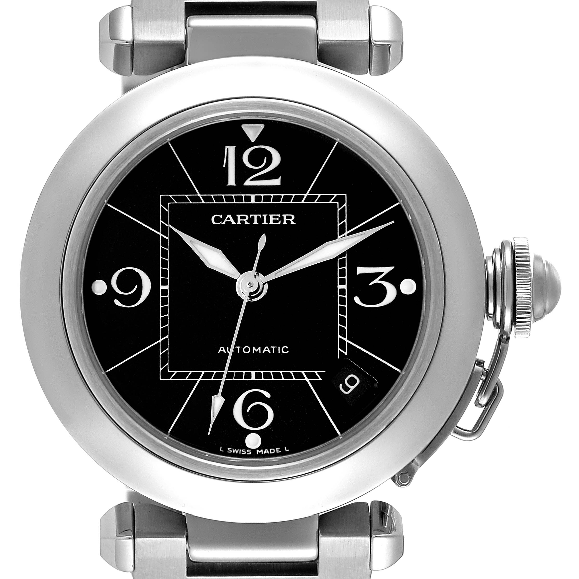 The image shows a front view of the Cartier Pasha W31076M7 Women's Stainless Steel Black Dial W31076M7 Women's Stainless Steel Black Dial model watch face and part of the bracelet.